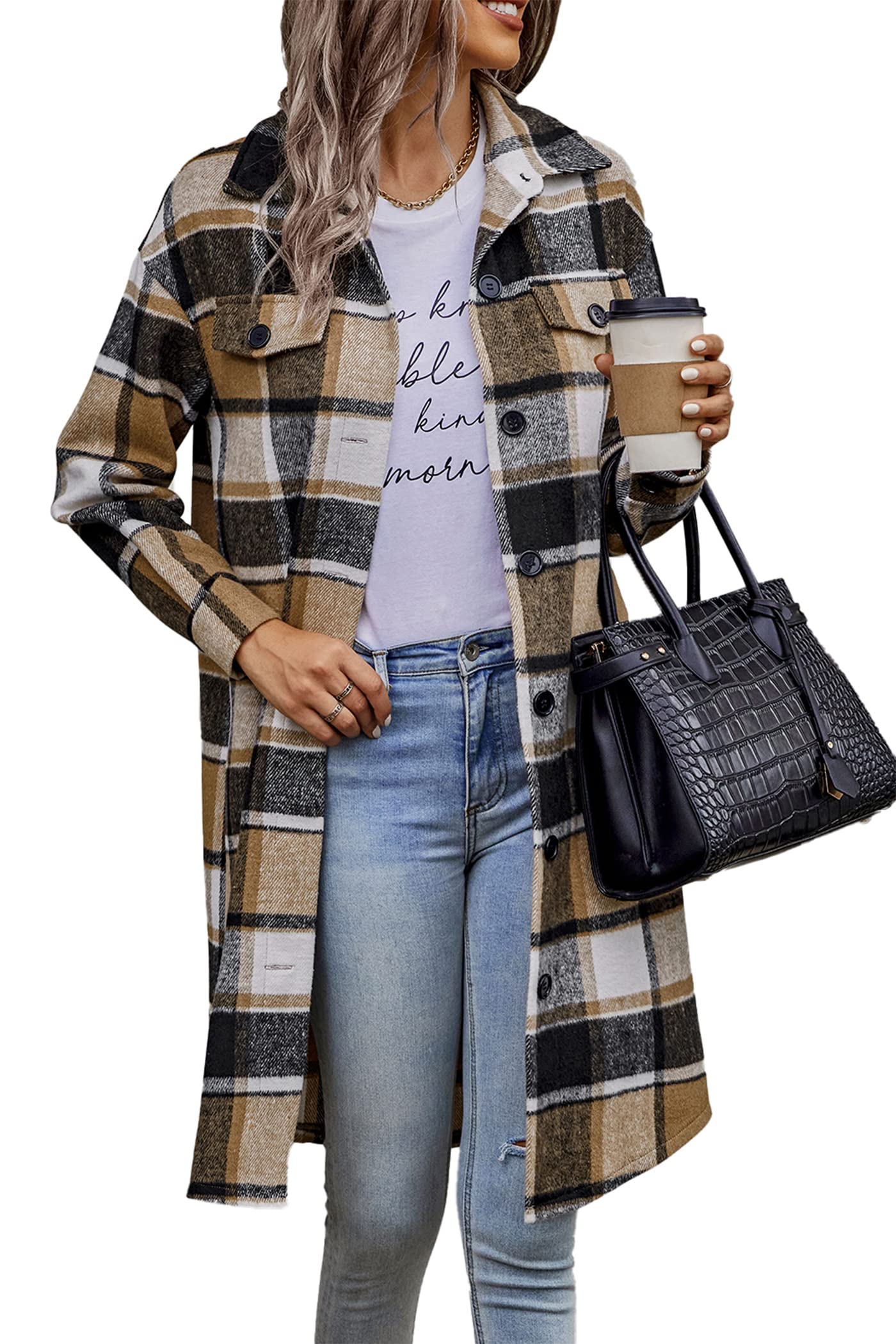 PRETTYGARDEN Women's Plaid Shacket 2024 Long Sleeve Button Up Flannel Shirt Winter Tartan Jacket Woolen Coats