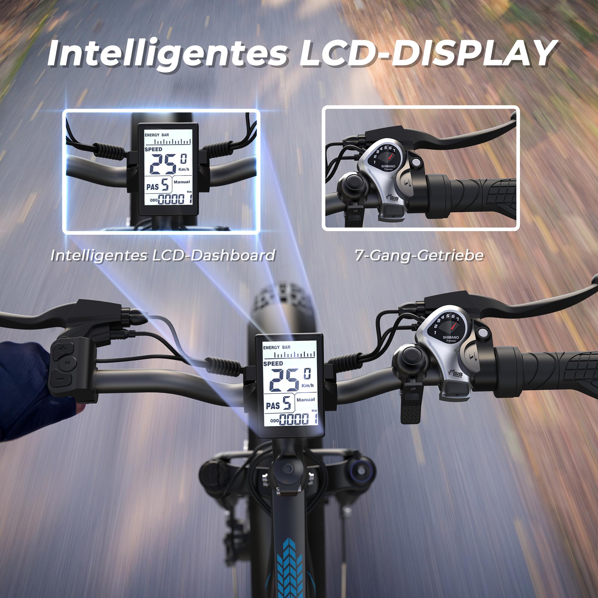 E Bike Herren Elektrofahrräder Ebike 48V 13Ah 624Wh Abnehmbarer Akku, 24 Zoll Fat Tire 250W Motor 5 PAS-Modus Damen E-Bike 7-Gang mit LCD-Display (Blau【13AH 624Wh 62Nm】)