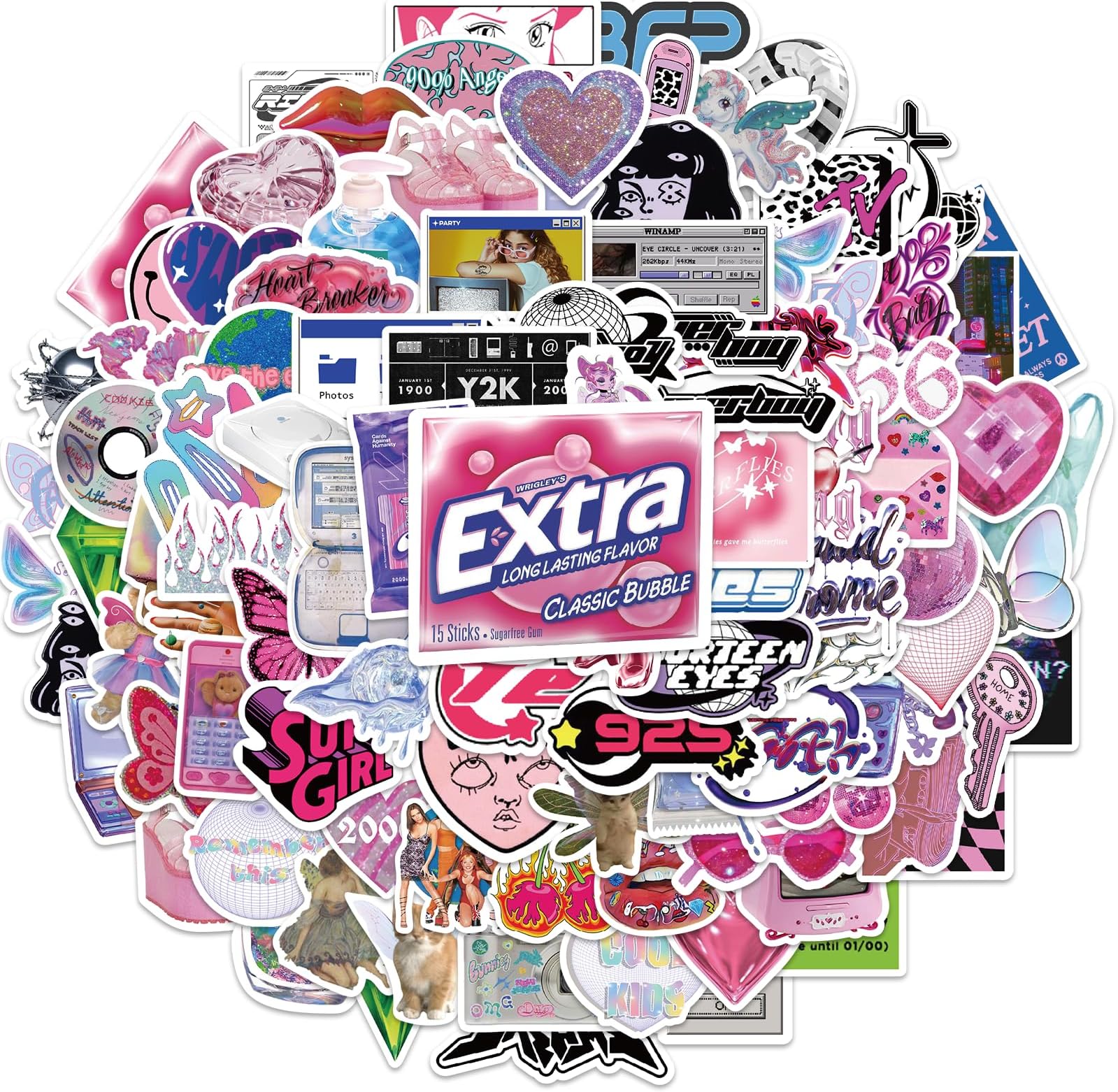 Y2k Retro Aesthetic Stickers, 106pcs Cool 2000s Cyber Trend Stickers, Vinyl Waterproof Sticker for Laptop, Guitar, Water Bottle, Birthday Gifts for Girls, Kids, Teens