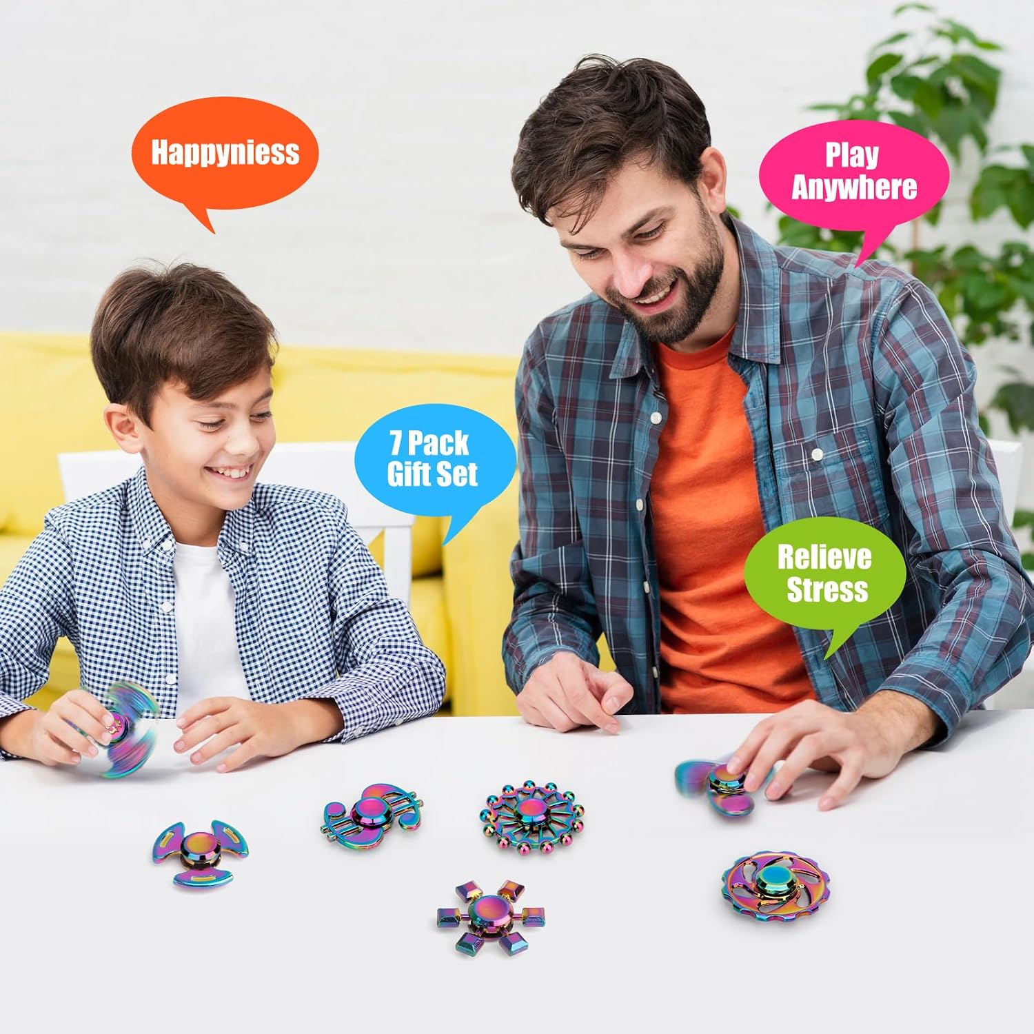 7 Pack Rainbow Fidget Spinners Pack Stress Relief Toys for Kids Adults, Finger Hand Spinner Metal Fidget Bulk Set Desk Toy for Anti-Anxiety Focus, Cool Small Gadget Novelty Gifts Party Favor