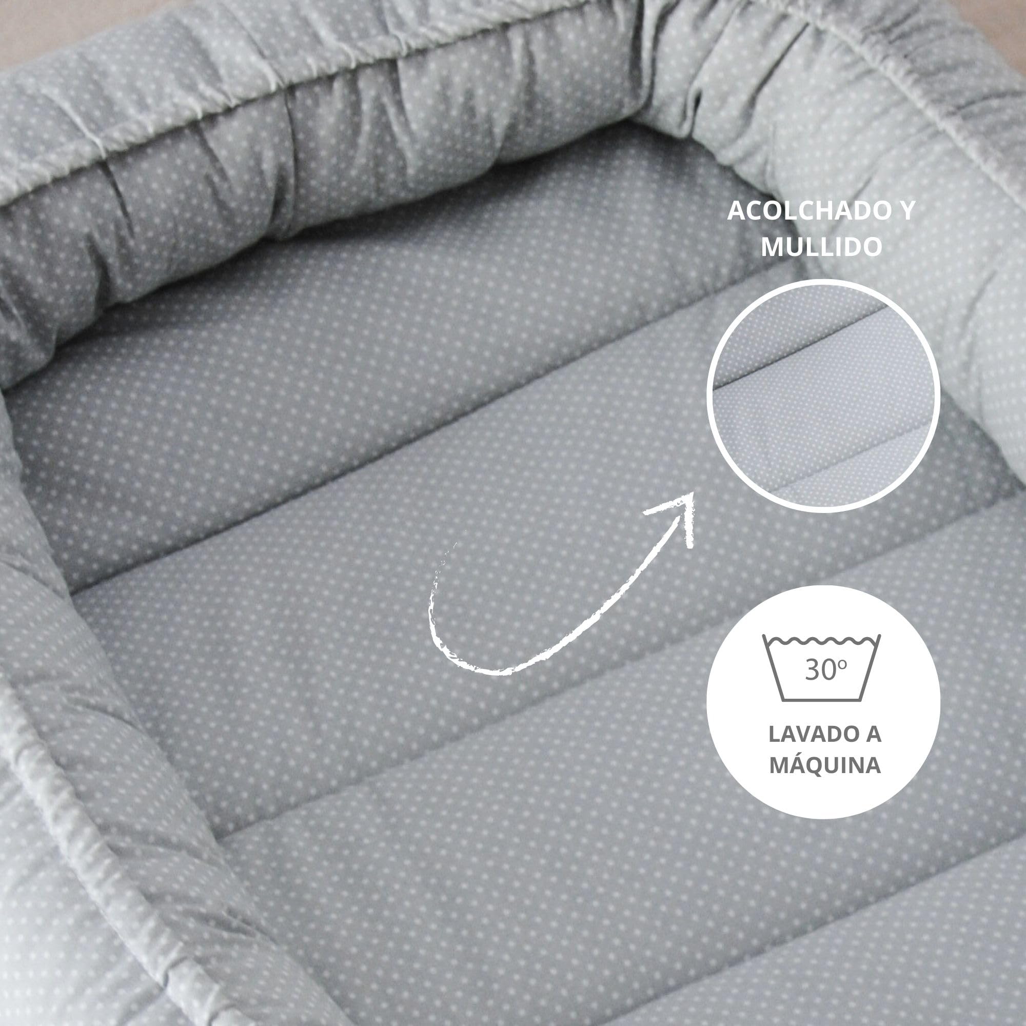 Nido Bebé 0-7 Meses 100% Algodón Certificado OEKO-TEX, Reductor de Cuna y Cuna de Viaje - Nido Bebé Acolchado y Mullido, Ideal para Colecho y con Lazo Ajustable 100% Made in Spain (Gris)