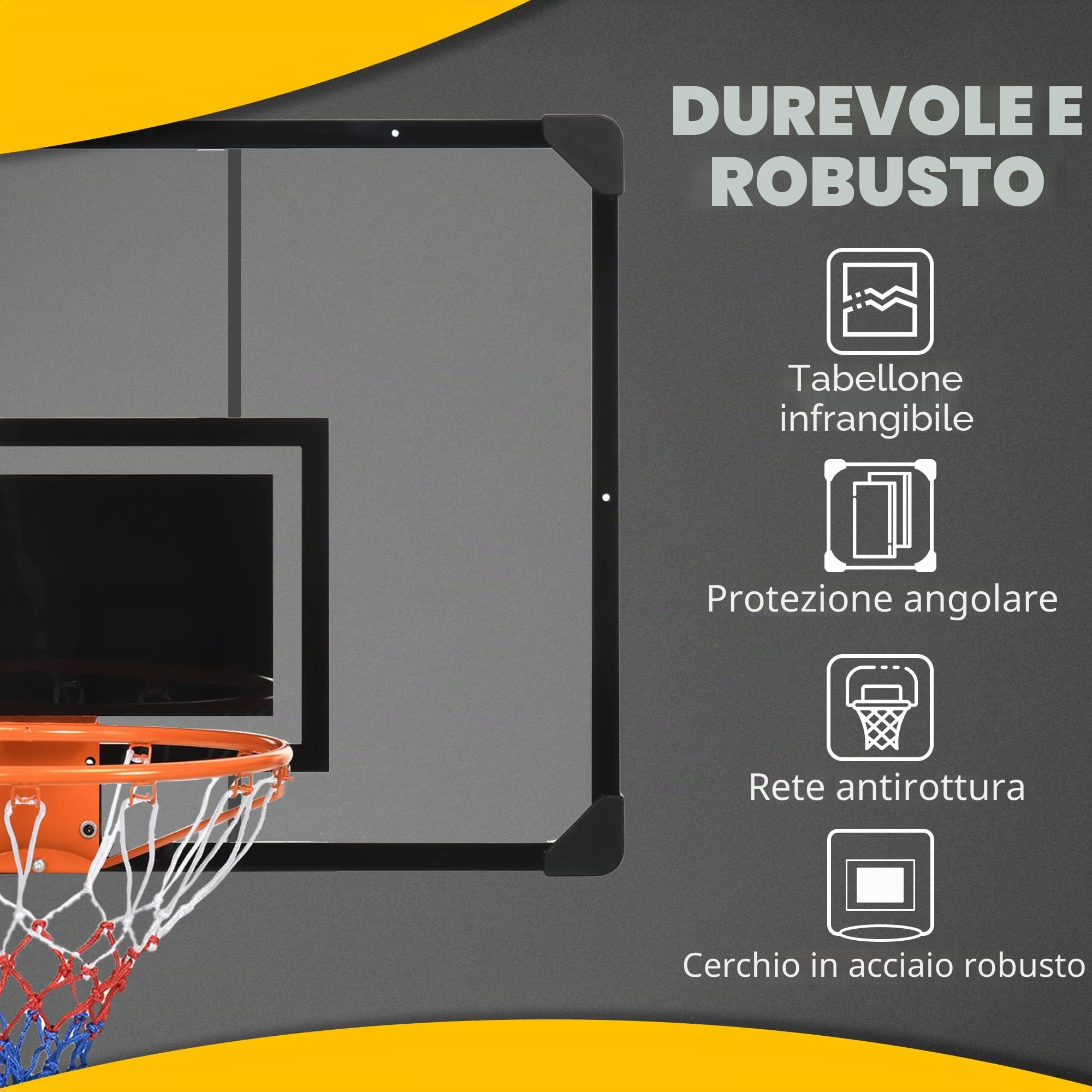 SPORTNOW Canestro da basket a muro, canestro da basket, con tabellone infrangibile, canestro in acciaio e rete antistrappo, vite di montaggio e chiave, per uso esterno, nero, trasparente, arancione