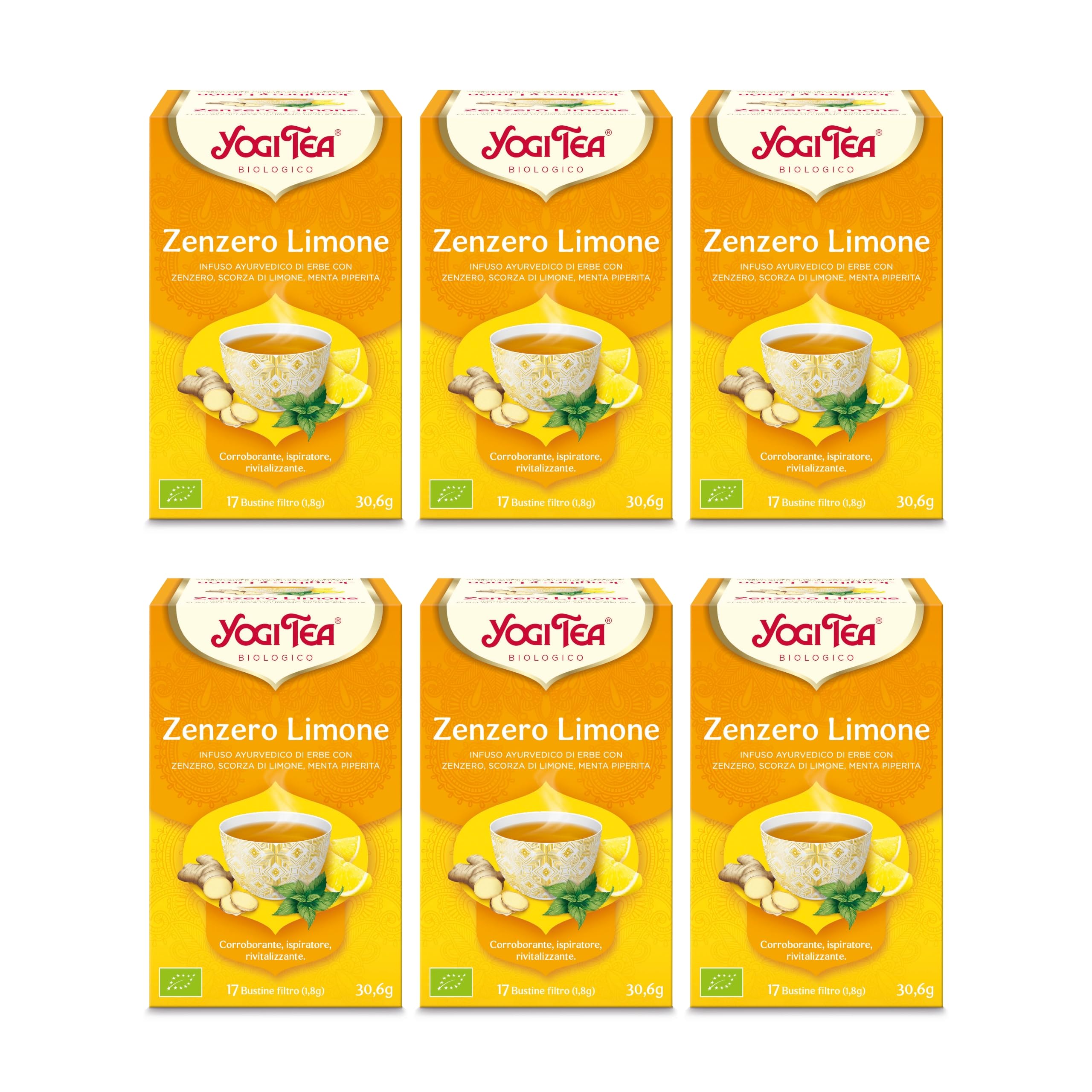 Yogi Tea Zenzero Limone Bio - Infuso Ayurvedico - Miscela di Zenzero, Scorza di Limone e Menta - Senza Caffeina - Confezione da 6x17 bustine (102 bustine in totale)