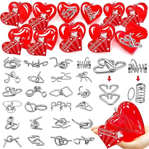 Caja de corazón llena Paquete de 24 tarjetas de San Valentín para niños, aula, escuela, con rompecabezas de metal, juguetes de rompecabezas de San