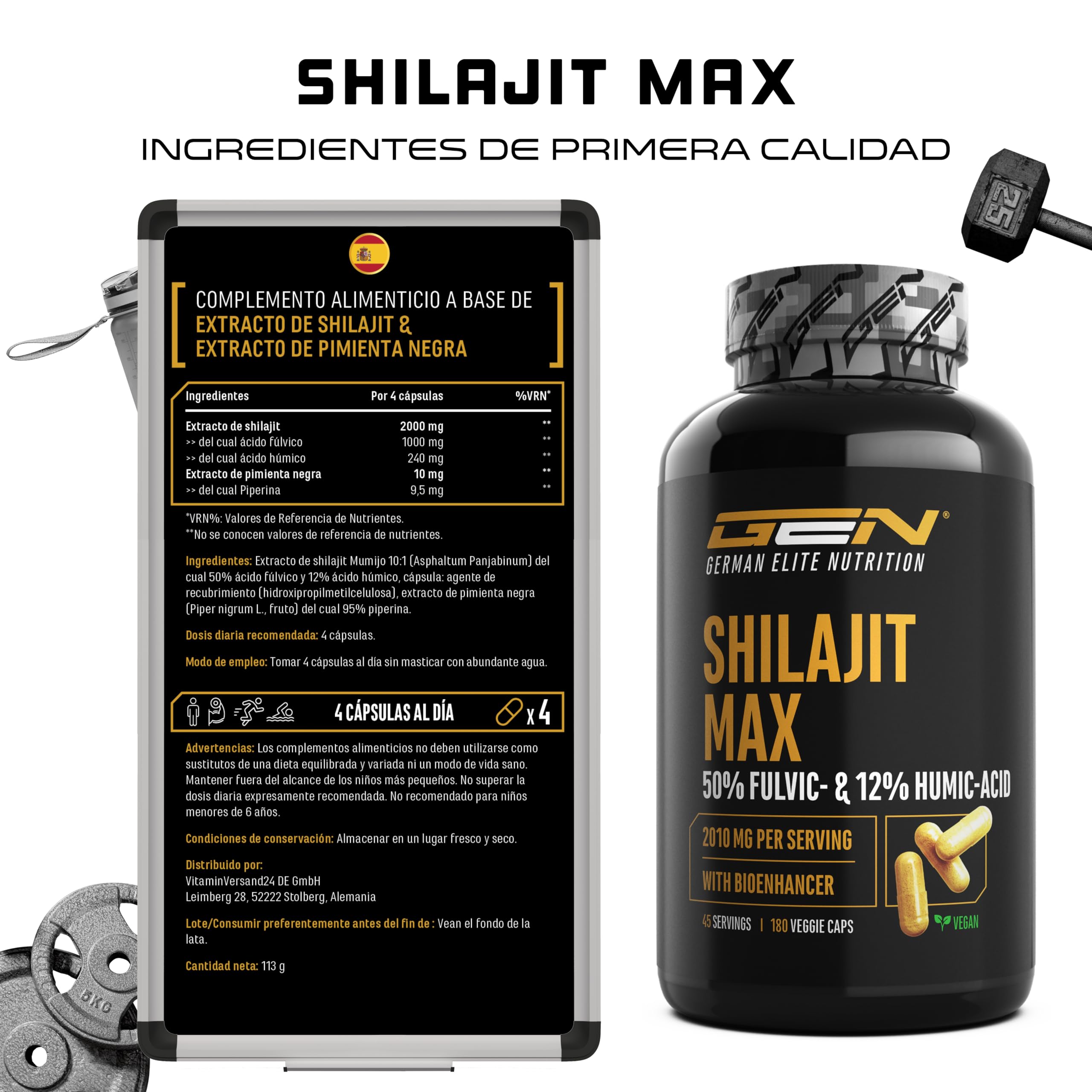 Mumijo Shilajit Max -180 cápsulas - Extra fuerte: 2000 mg por porción diaria - 50% ácido fúlvico + 12% ácido húmico + bioenhancer - Extracto original Himalaya 10:1 - Vegano
