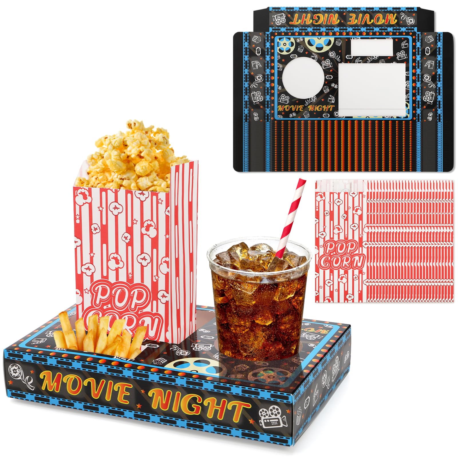 Kingrol Forniture per la notte del cinema, 100 pezzi, 50 vassoi per snack e 50 sacchetti per popcorn, usa e getta, per popcorn, caramelle, bevande, forniture per feste Home Theater e facile pulizia