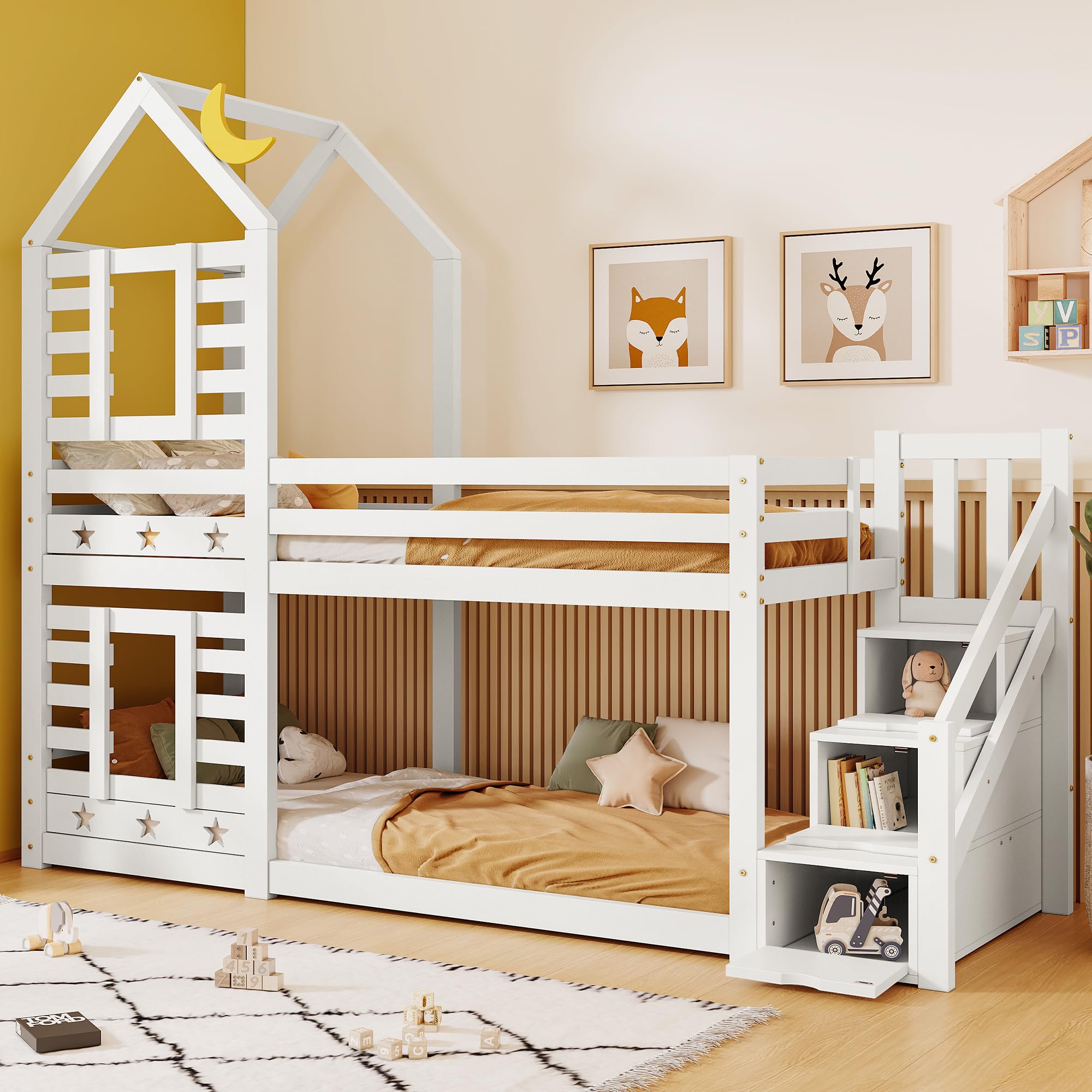 Stapelbed 2 x 90 x 200 cm met 2 lades en 4 opbergvakken - Dennen MDF - voor kinderen - Wit Stapelbed 2 x 90 x 200 cm met 2 lades en 4 opbergvakken - Dennen MDF - voor kinderen - Wit