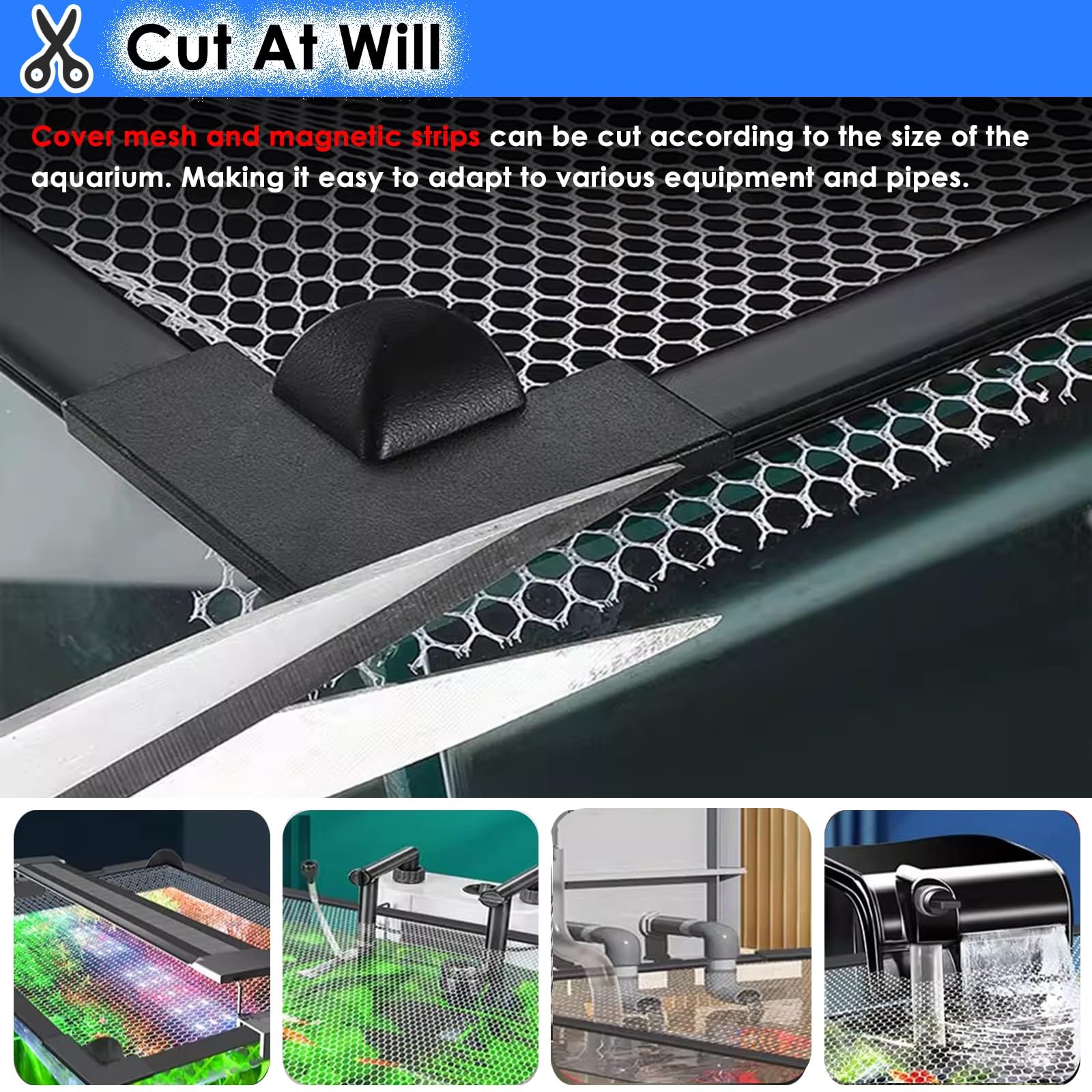 PEYNIR Couvercle Aquarium Couvercle magnétique Anti-Saut pour Aquarium (à Faire soi-même), Hache pour Aquarium Grille Anti-Chats avec Filet d'aération(L59.1xW19.7in/150x50cm)