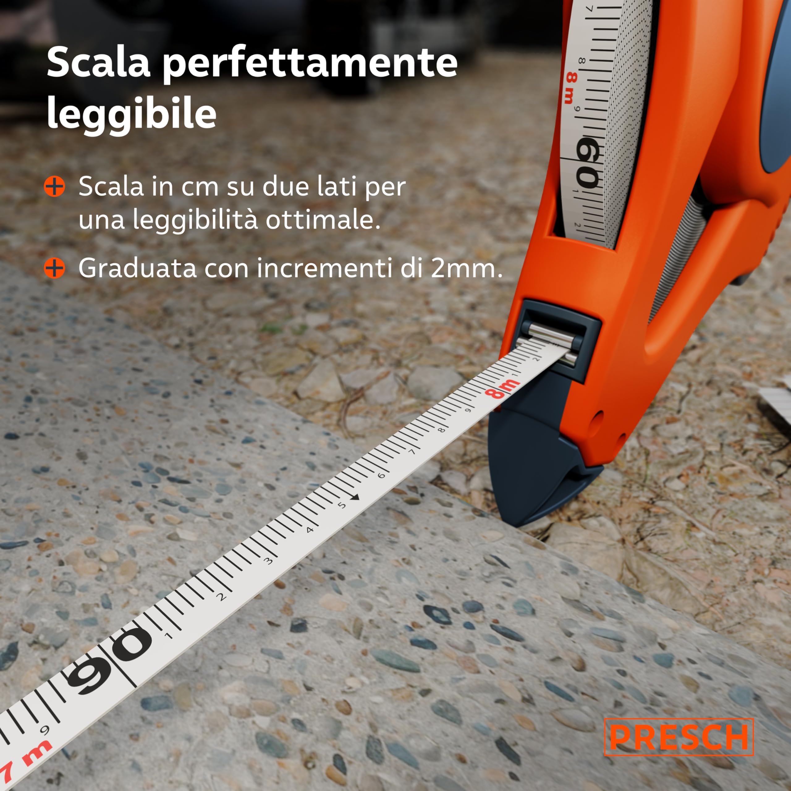 Presch Metro a Nastro 50m – Ritorno Rapido 3:1 – Rotella metrica 50 metri in Fibra di Vetro Resistente – Blocco a Manovella – Presa Sicura con Gancio Multifunzione – Bindella per Uso Professionale