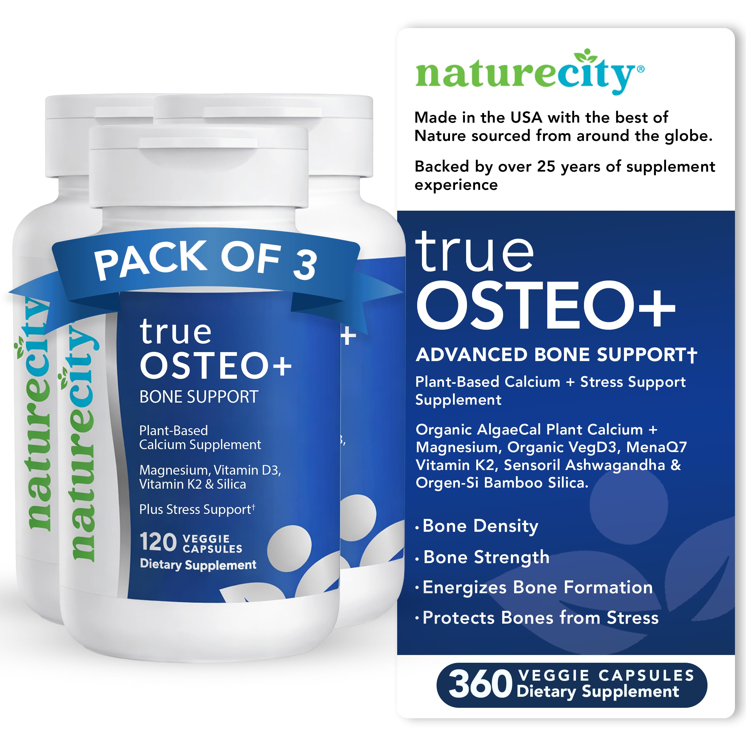 NatureCity True-Osteo Plus Bone Support with Ashwagandha – for Strength & Density – Plant-Based Calcium with Organic AlgaeCal, Magnesium, Vitamin D3, K2, Silicon & Stress Support | 120 Veggie Capsules — Amazon image 8