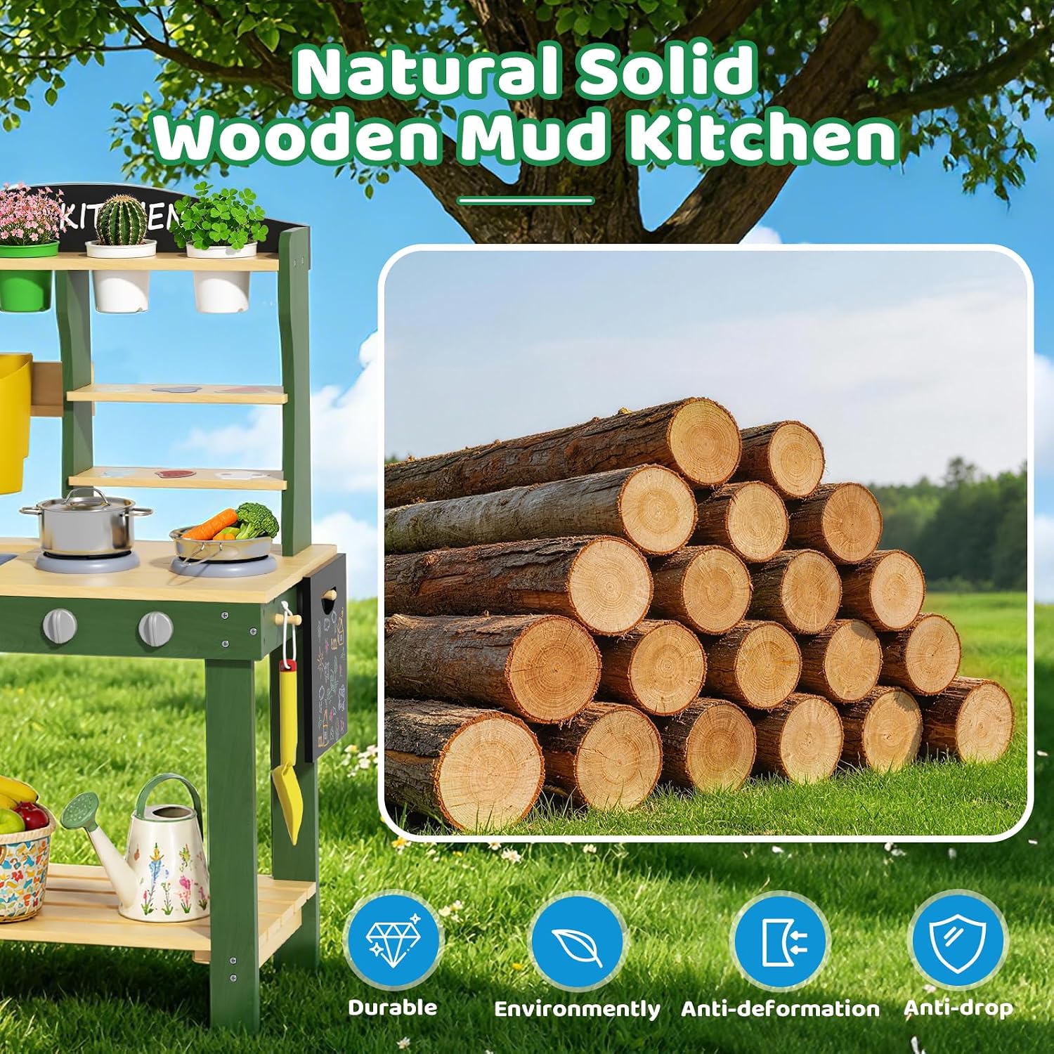 Babytronic Mud Kitchen, Wooden Outdoor Kitchen for Kids Age 3+, Play Kitchen Set with 19 Accessories, Play Sink with Running Water, Stove, Mud Table for Sensory Fun, Cooking, Planting, Toddler Gift