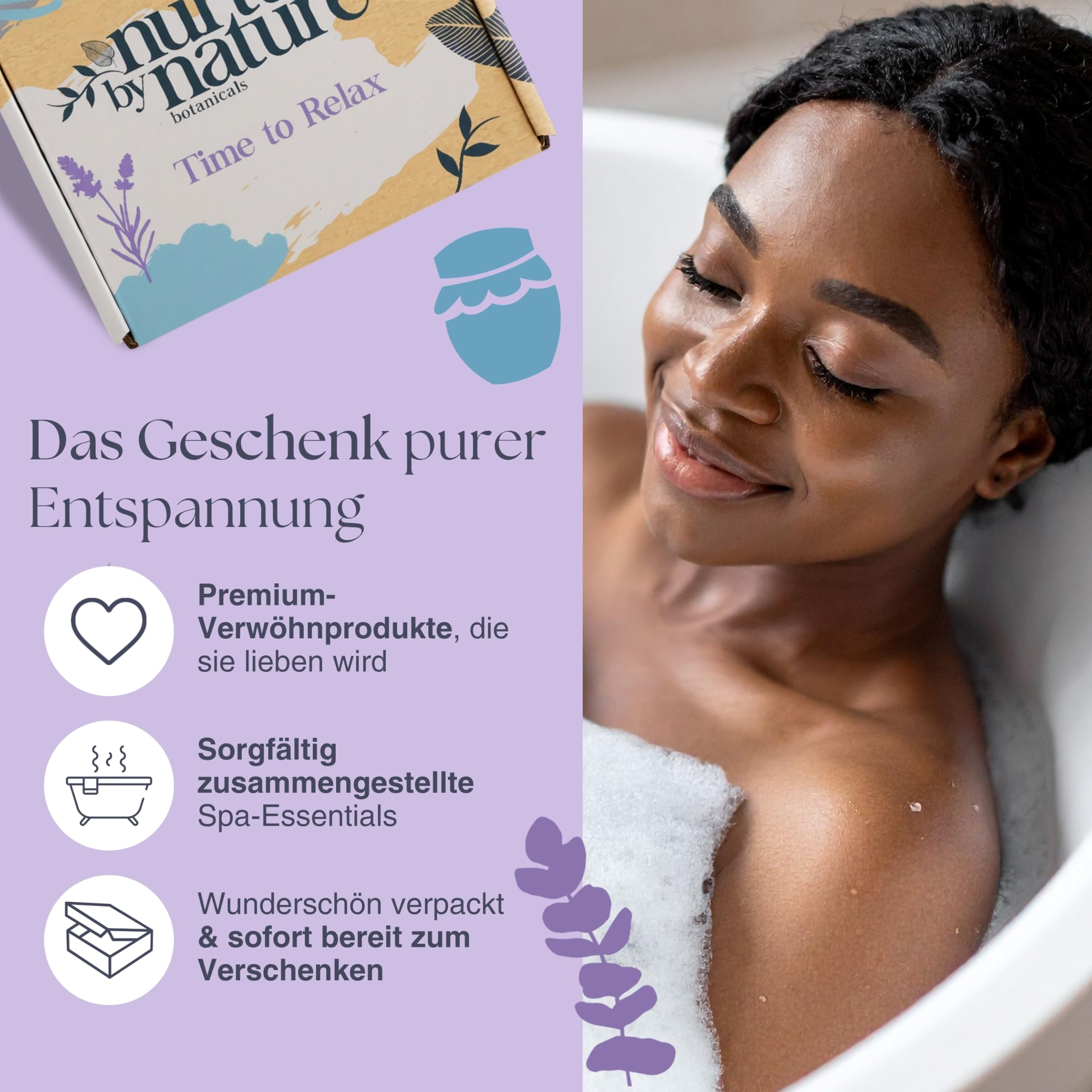 Nurture by Nature Relax & Calm, Verwöhn-Spa-Geschenkset, Badeset, Lavendel, Badesalz, Aromatherapie, Seife, Badekugeln, Kerze & mehr, Geschenk für Frauen, sie