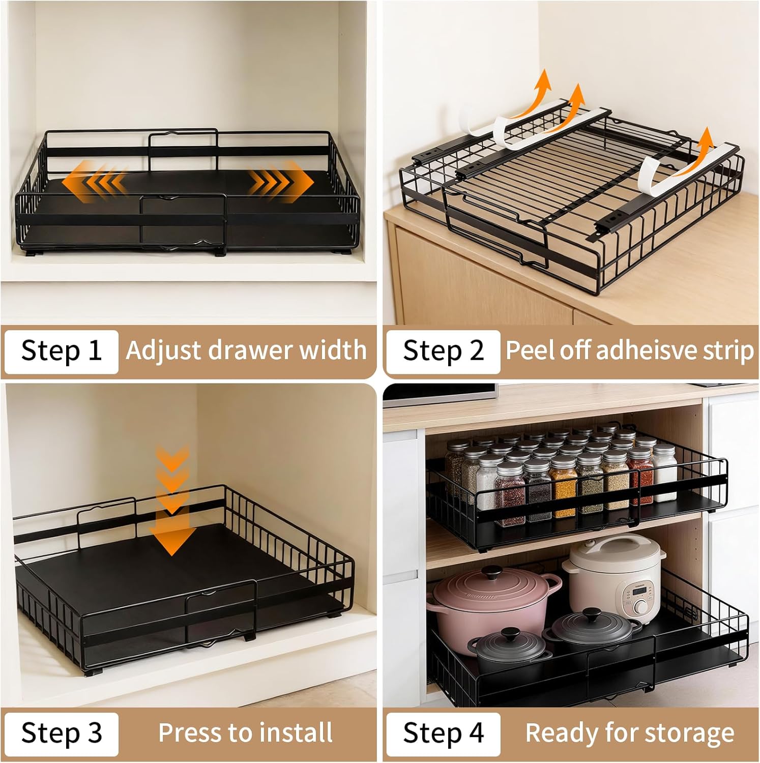2 Pack Expandable Pull out Cabinet Organizer, Width (13"-21") Depth (16"-26") Pull Out Drawers for Cabinets, Upgrade 3 Slide Rails Slide Out Drawers, No Drill Adjustable Roll Out Shelves (Black)