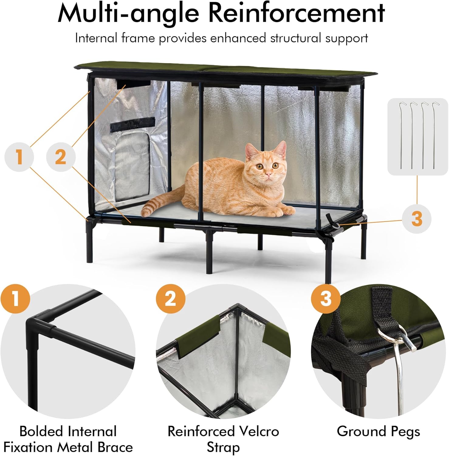 Heated Outdoor cat House for Outside, Weatherproof Insulated Feral Cat Shelter with Timer-Temp Control Heating Pad in Winter, Large Elevated Outdoor Cat House with Zipper, 2 Doors, Safety- Army Green