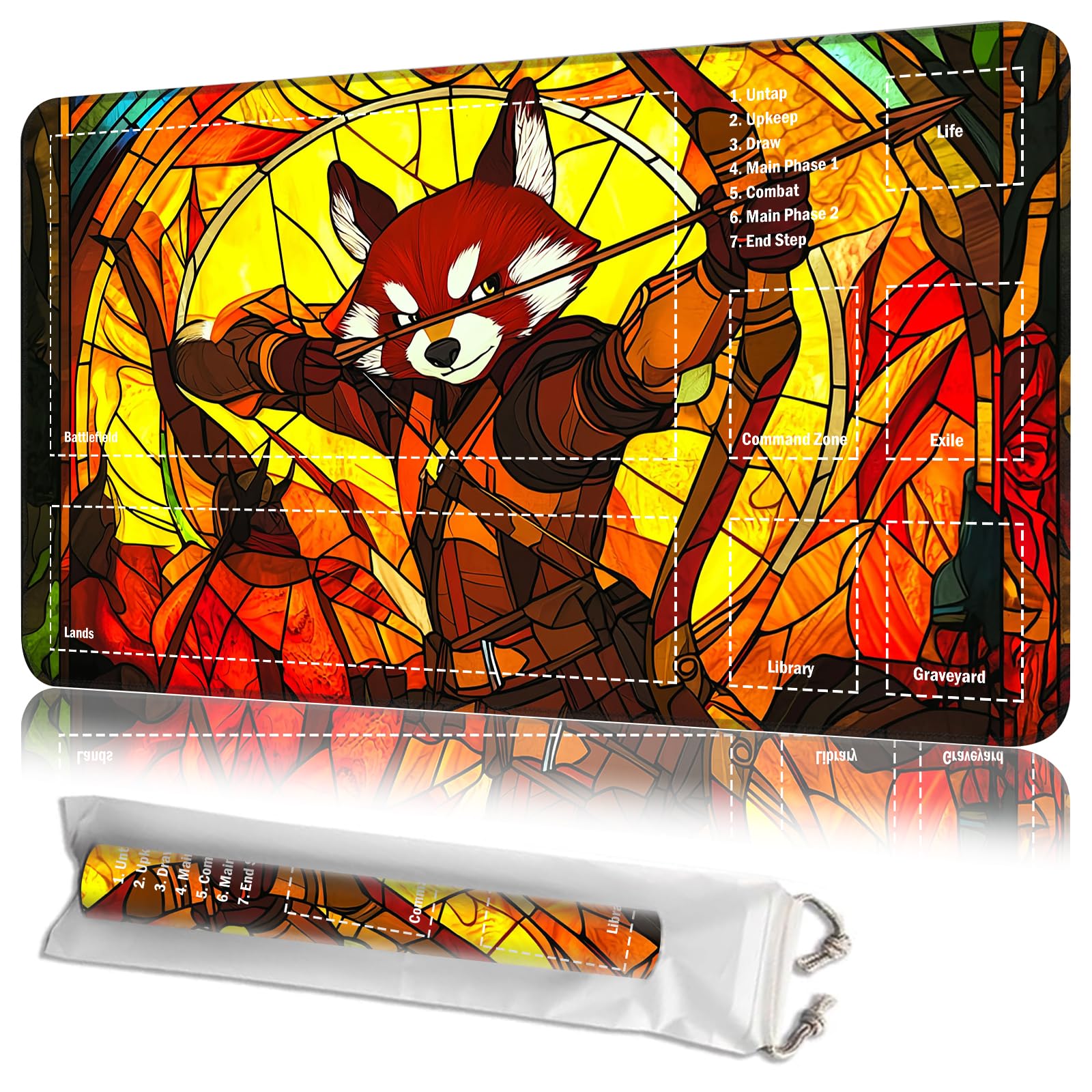 JANENFNA Playmat 24" x 14" with Magic Zones for MTG Card Game Playing, Board Game Mat for Card Breaking Commander Deck Gaming Card Game Battles Mat with Storage Bags, Fox Hunter — image 1