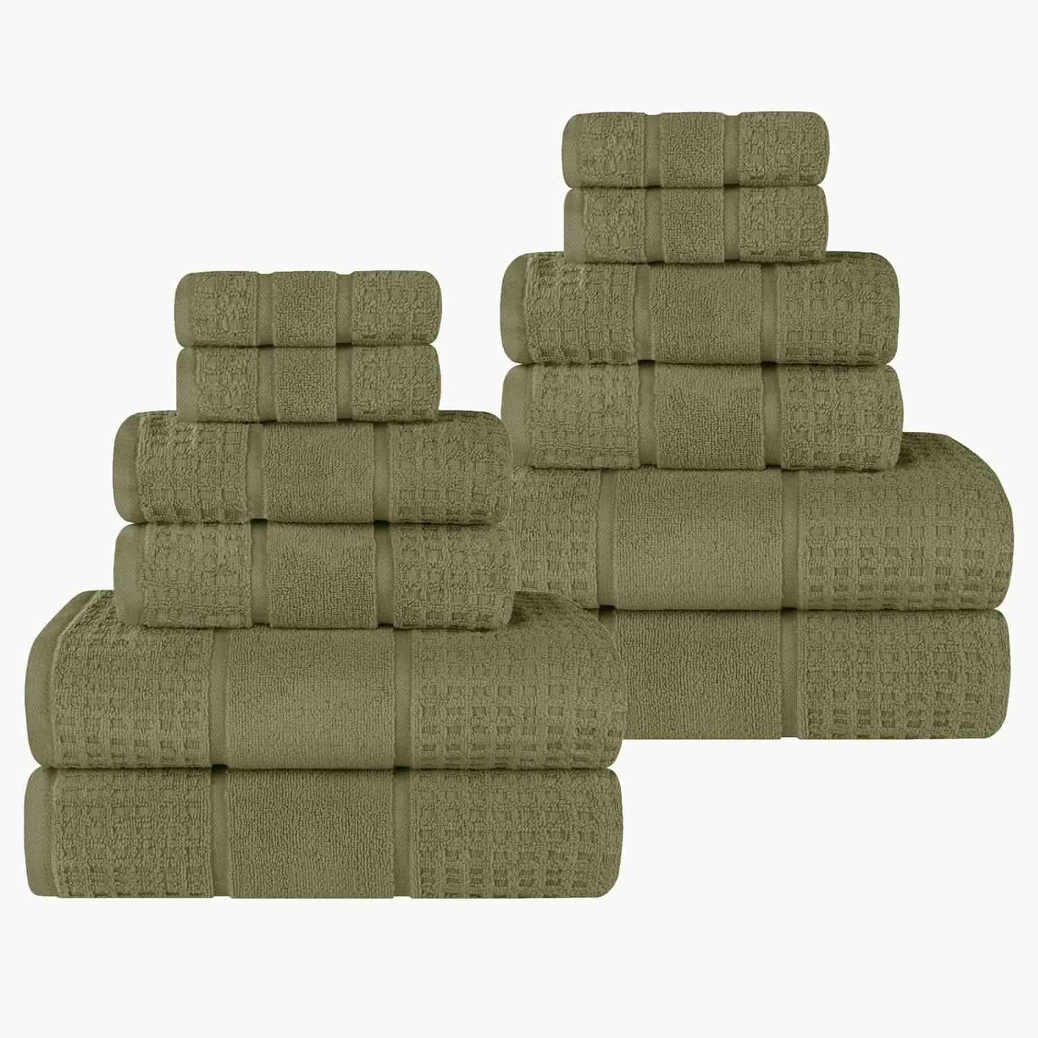 Superior Cotton 12-Piece Towel Set, Zero Twist, Waffle Border, Bathroom Essentials, Shower, Spa, Luxury Plush Soft Absorbent Towels, Includes 4 Bath, 4 Hand, 4 Washcloth/Face Towels, Forest Green
