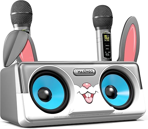 Máquina de karaoke de conejo para niños, niños y niños pequeños con 2 micrófonos inalámbricos Bluetooth, sistema de altavoces PA portátil que
