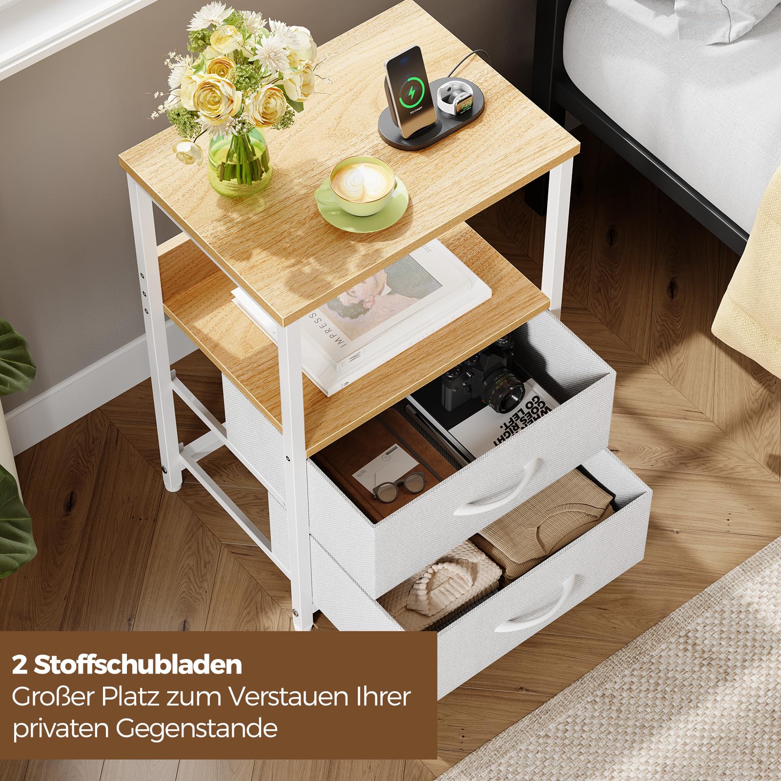 Rolanstar Nachttisch mit Ladefunktion, Beistelltisch mit LED-Leuchten, 2 Stoffschubladen & 3-stufiger Aufbewahrungs, Nachtschrank aus Holz für Schlafzimmer (1, Hellbeige)