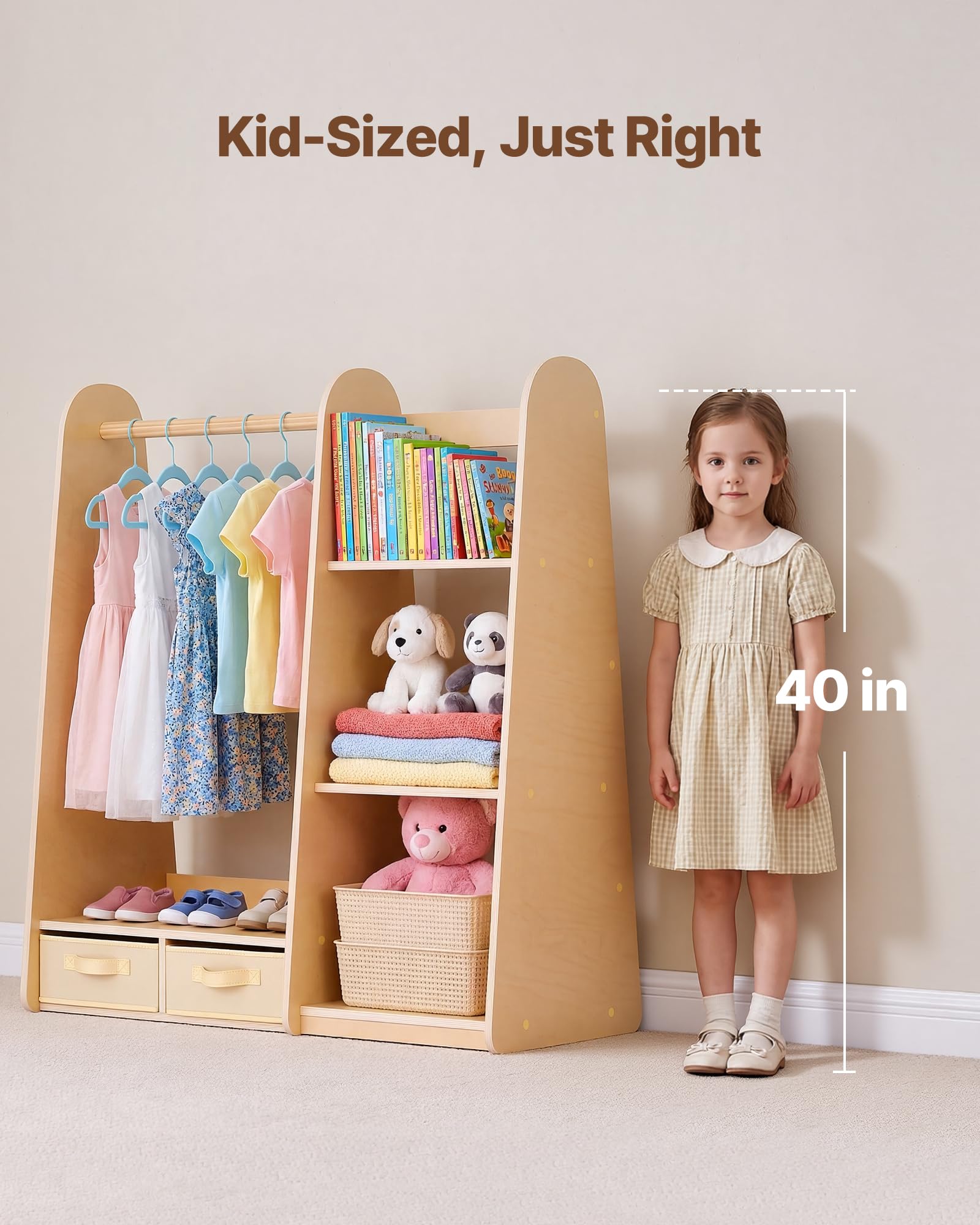VEVOR Armario de Disfraces para Niños con Espejo, Mueble Montessori de Madera Natural, Perchero Infantil con Estantes, Organizador de Ropa con Compartimentos y Barra para Cuarto de Juegos y Dormitorio