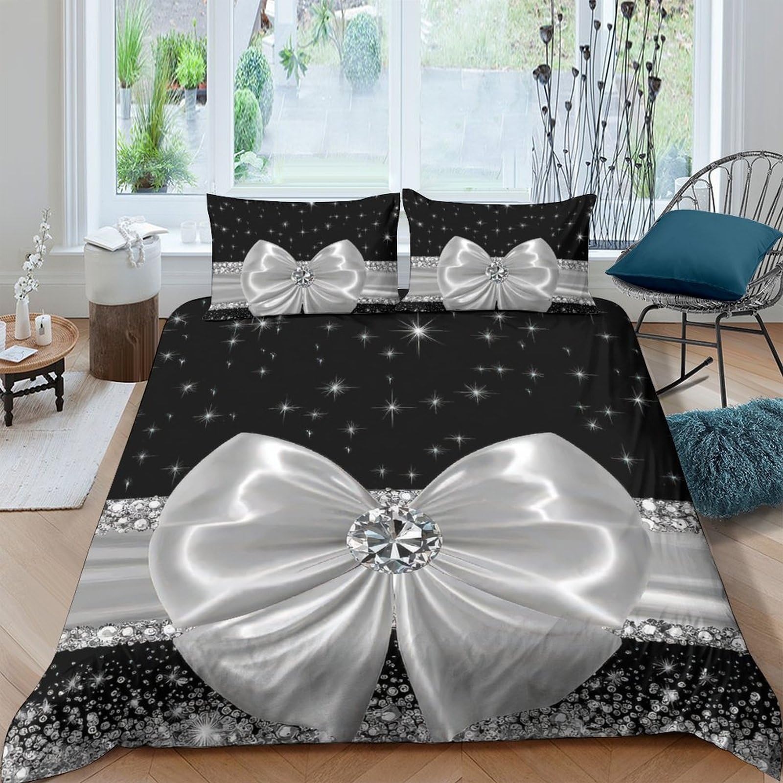 Ctjqhvkz Style-1 3D Printed Silver Bow Fitted Sheet Microfiber Elegant Black Sparkle Bed Cover For Bedroom Guest Room Decor Single（135X200cm）