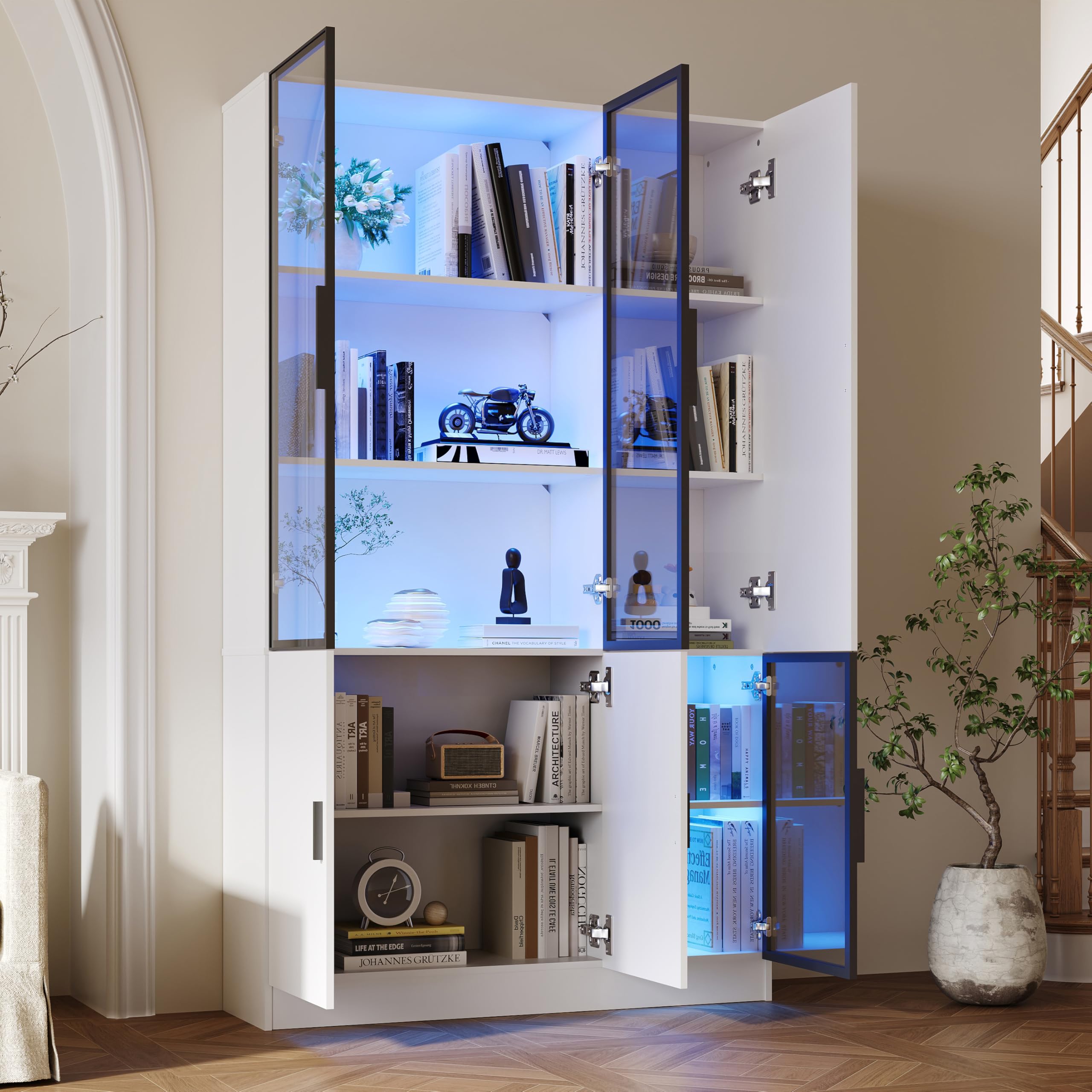 SUKY Vetrina in vetro, 120 x 35 x 200 cm, vetrina in vetro, altezza 200 cm, con luci a LED, multiStorage, libreria con porta in vetro con telaio in alluminio