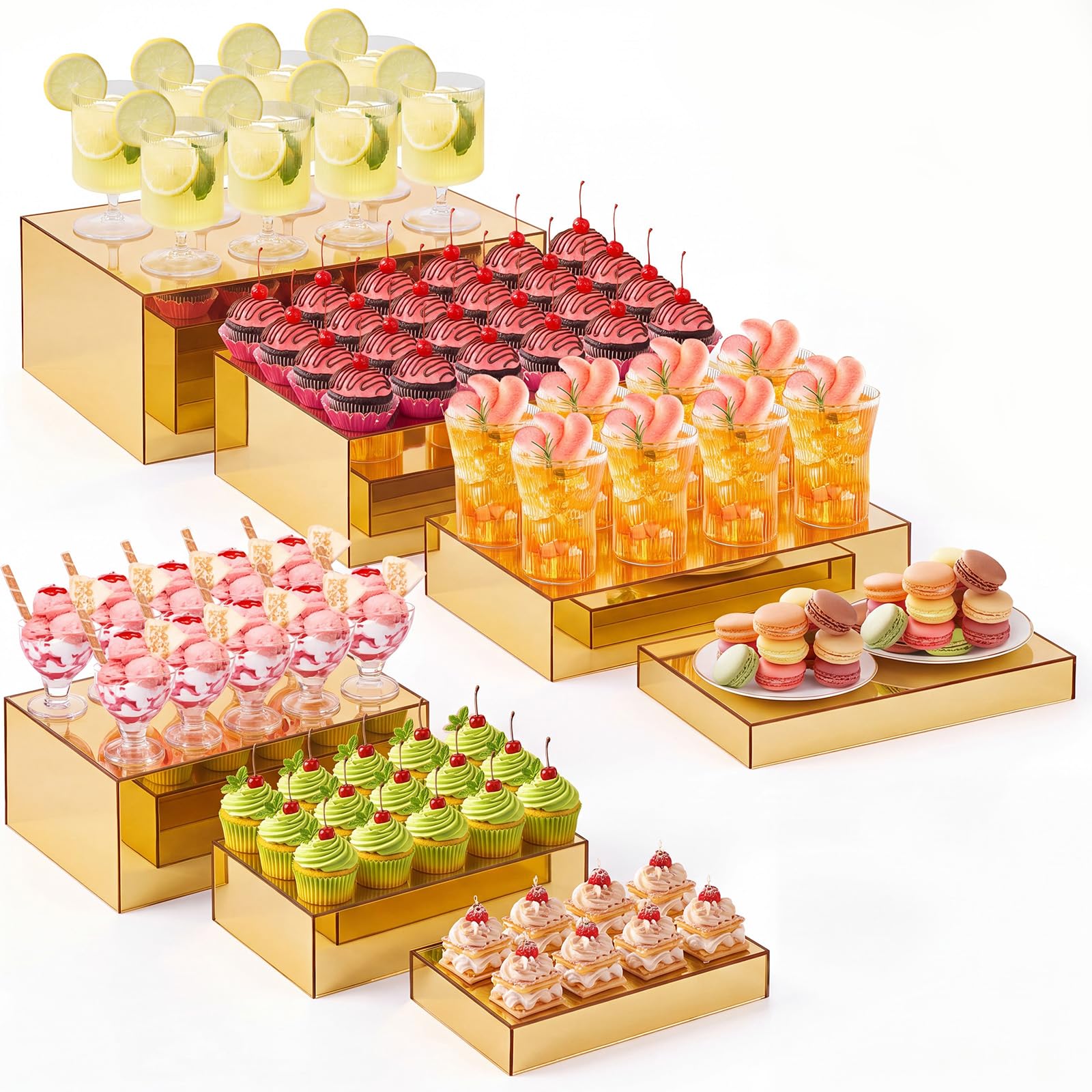 Leinuosen 7 Pcs Large Acrylic Buffet Risers, 6-12" Rectangle, Gold