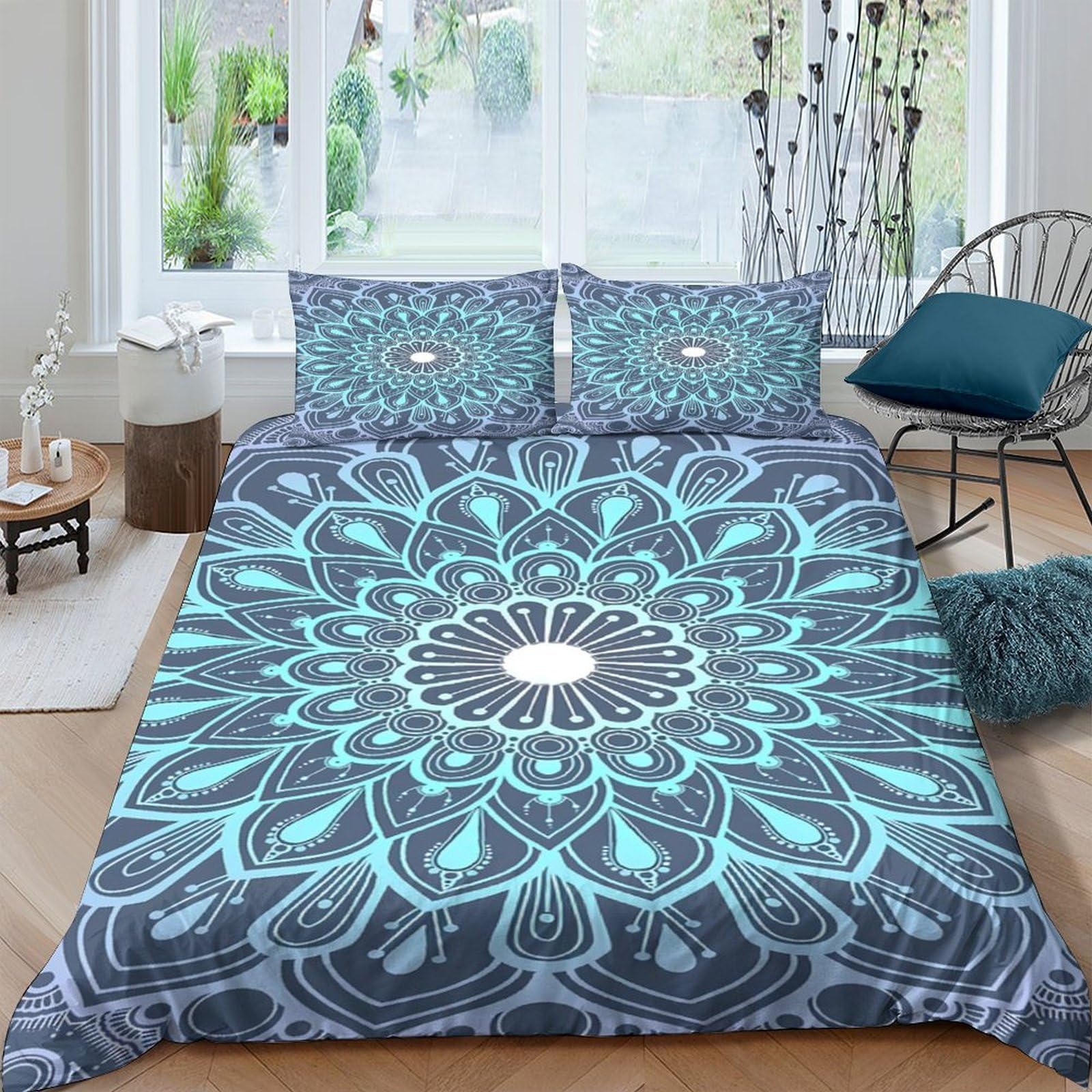 TUFRTGYHN 3D Printed Blue Mandala Duvet Cover Set Microfiber Soft Breathable Floral Quilt Cover with 2 Pillowcases for Bedroom Home Single（135x200cm）