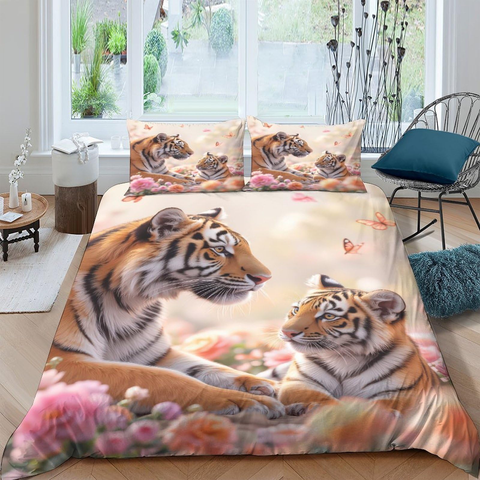 Ctjqhvkz Style-1 3D Printed Tiger Floral Fitted Sheet Microfiber Soft Anti-Slip Animal Bed Cover For Bedroom Guest Room Easy Care Single（135X200cm）