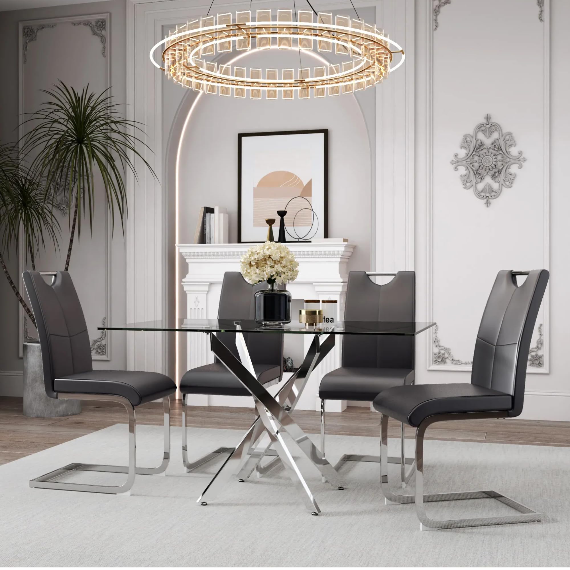 5 Piece Dining Table Set for 4, Modern Tempered Glass Kitchen Table with 4 Upholstered Chairs and Faux Leather Cushions, Space-Saving Small Apartment Dining Kitchen Room Set