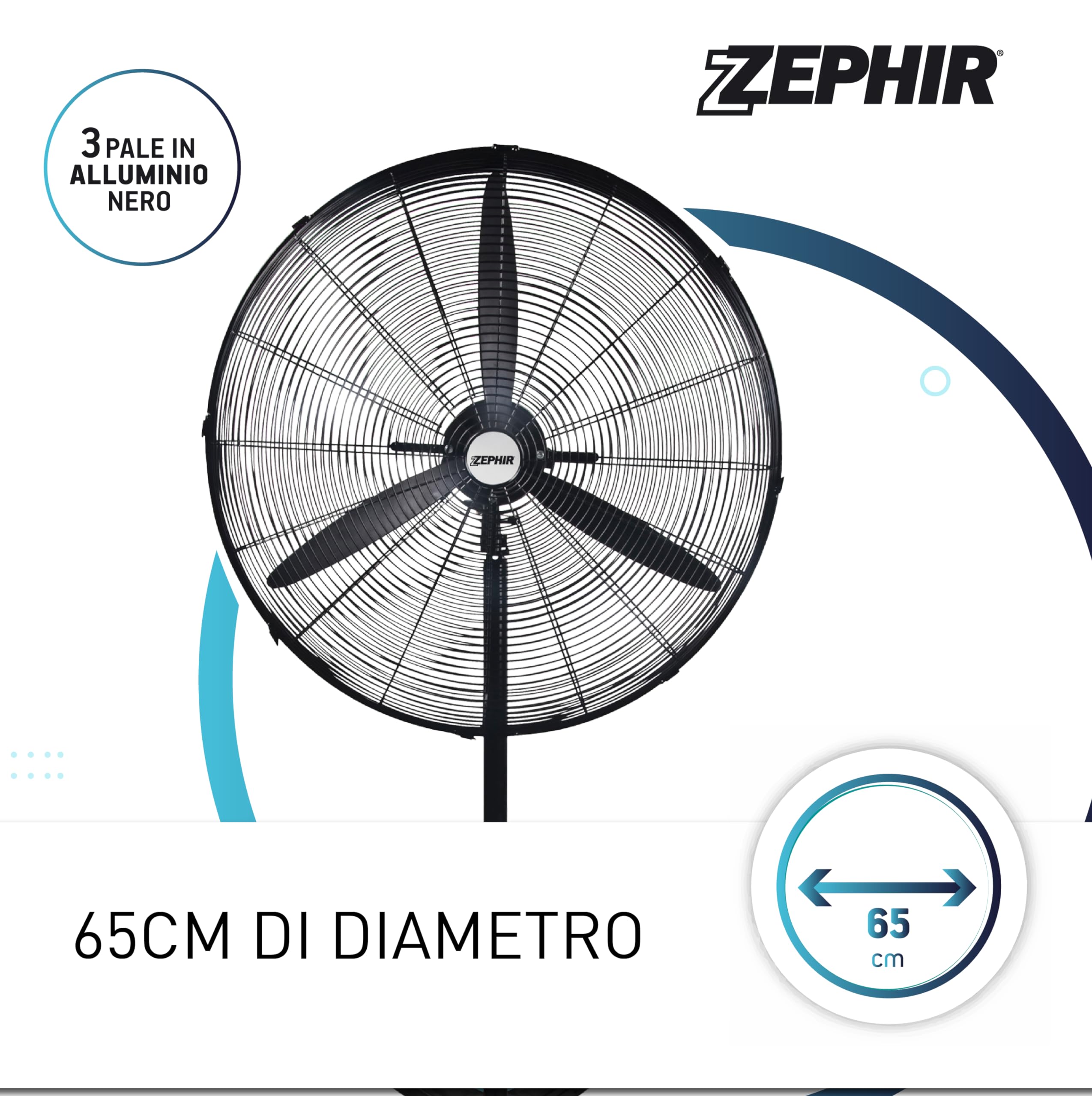 Zephir, Ventilatore Industriale a piantana, Diametro 65cm, 3 velocità, 3 Pale in Alluminio, Oscillazione a 70°, Dispositivo antisurriscaldamento, Altezza max.150cm, Potenza 120W