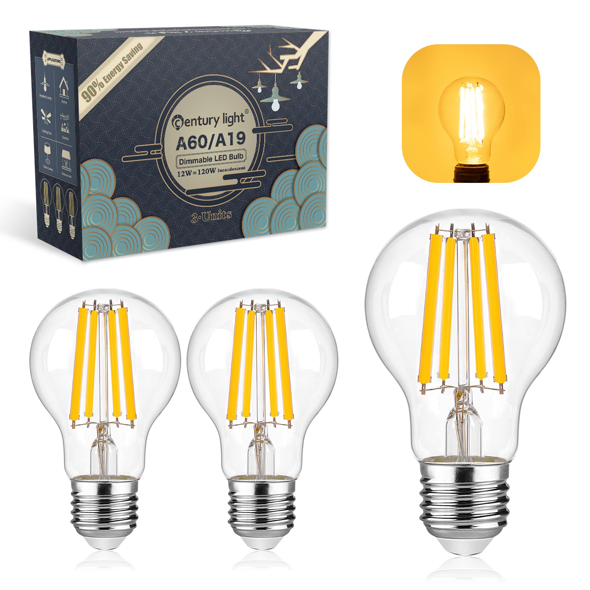 Century Light E27 Screw Bulb Led Dimmable Warm White 2700K 12 Watt Replaces 120W Incandescent Lightbulb, 1550lm Filament Clear Glass Classic A Energy Saving Bulbs for Lamp, CRI 80+, Pack of 3