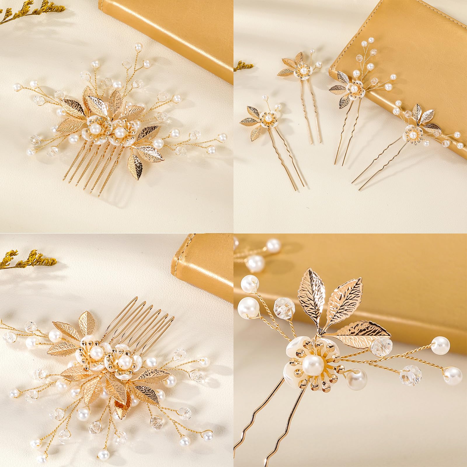 5 piezas de peine y horquillas para el cabello de hoja dorada, accesorios para el cabello de novia, clip de pelo de boda para novias, piezas de cabeza de boda hechas a mano con diamantes de imitación 3