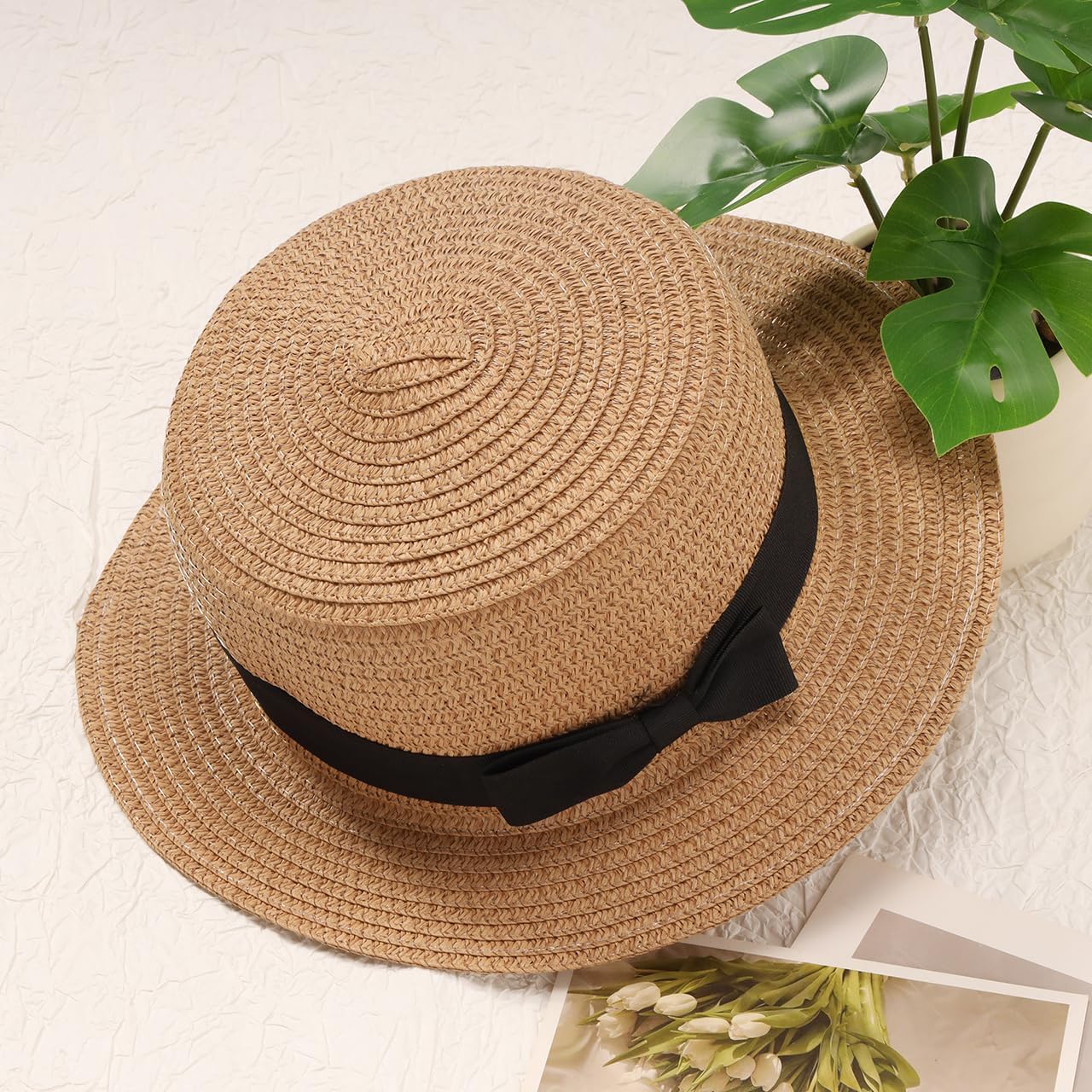 Classic Straw Boater Hat, Skimmer Hat, Flat top Boater hat, Casual Party Church Hat for Men Women - Image 3