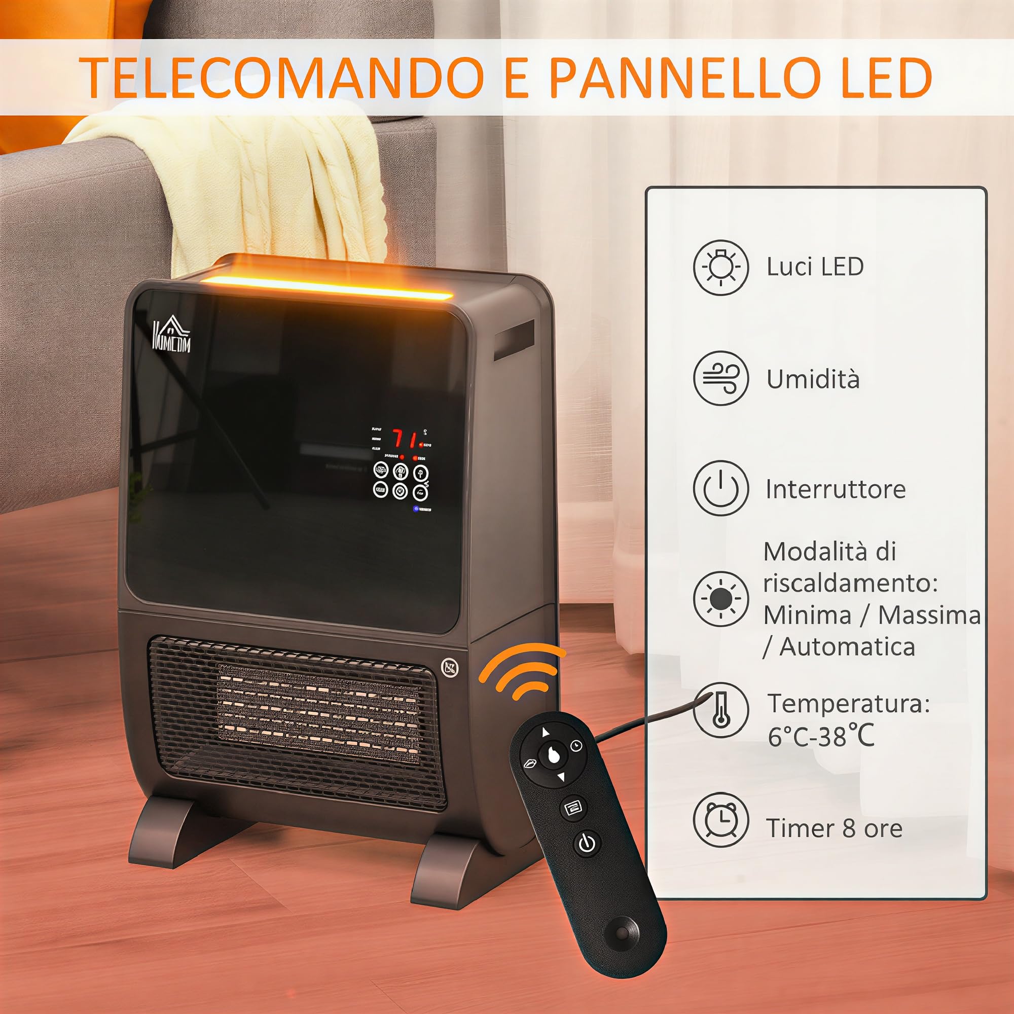 HOMCOM Stufa Elettrica 2 in 1 con Umidificatore LED 33x21x49.5cm Nero