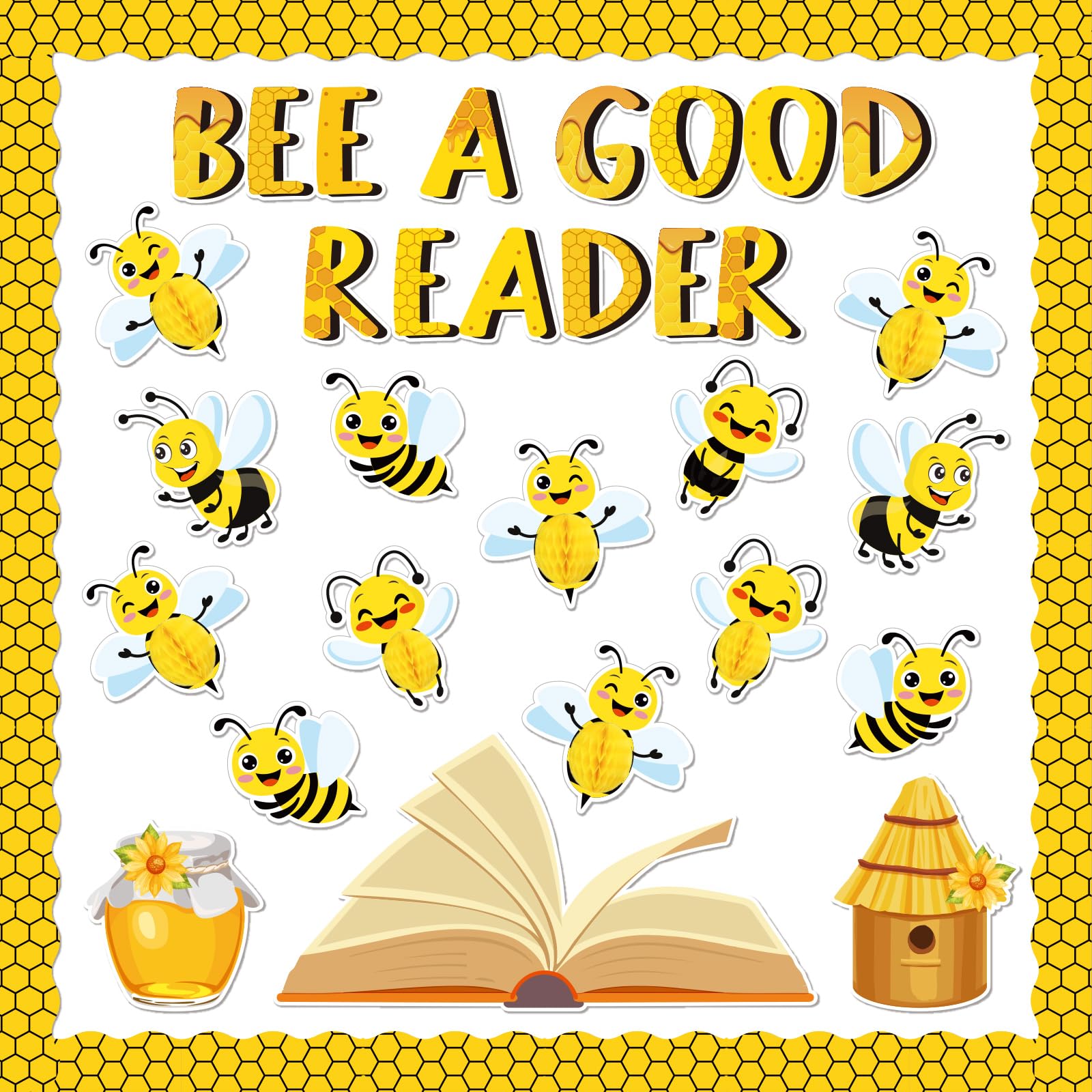 JarThenaAMCS Bee Bulletin Board Decoration Set Bee A Good Reader Letter Cut-Outs Yellow Summer Bee Theme Honeycomb Ball Border Trims with Glue Points