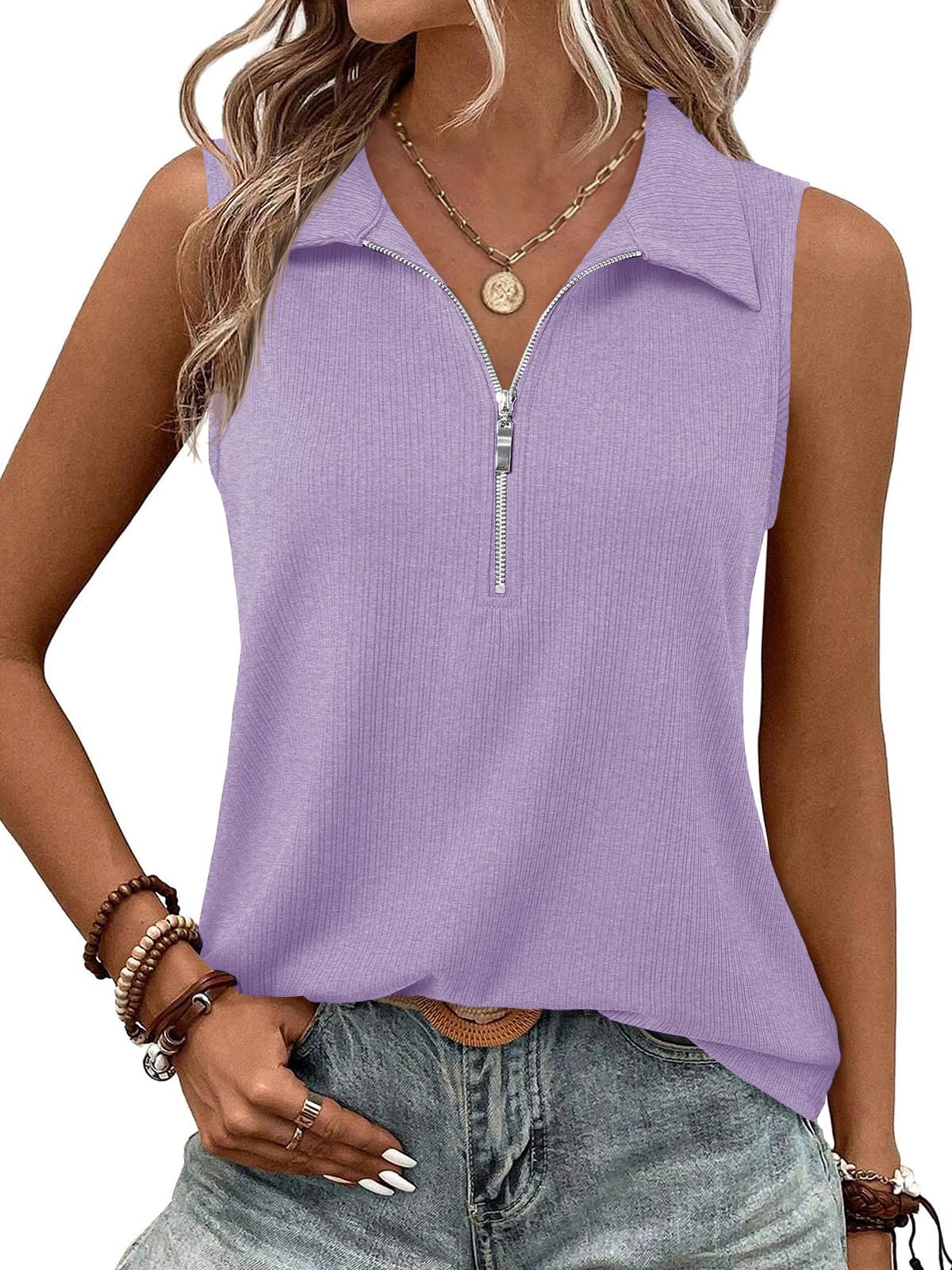 Imily Bela Women's Summer Sleeveless Tank Tops Zipper V Neck Ribbed Dressy Casual Blouses Loose Business Polo Shirts