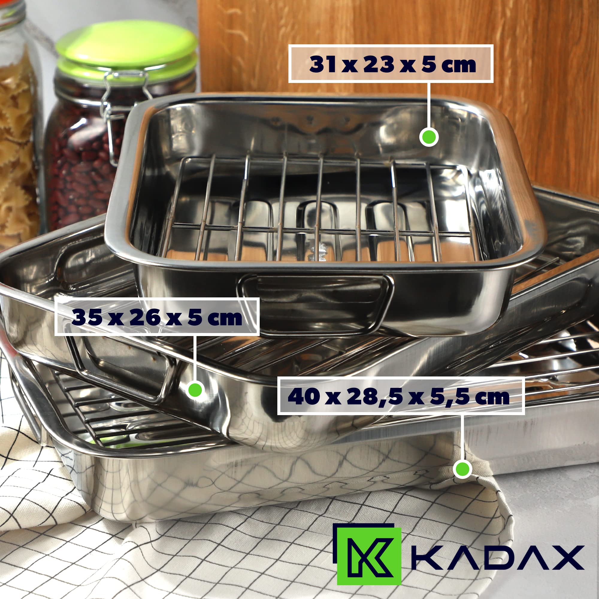 KADAX Brytfanna z rusztem 40x28,5x5cm, stal nierdzewna, równomierne rozprowadzanie ciepła, odsącza tłuszcz podczas pieczenia w piekarniku