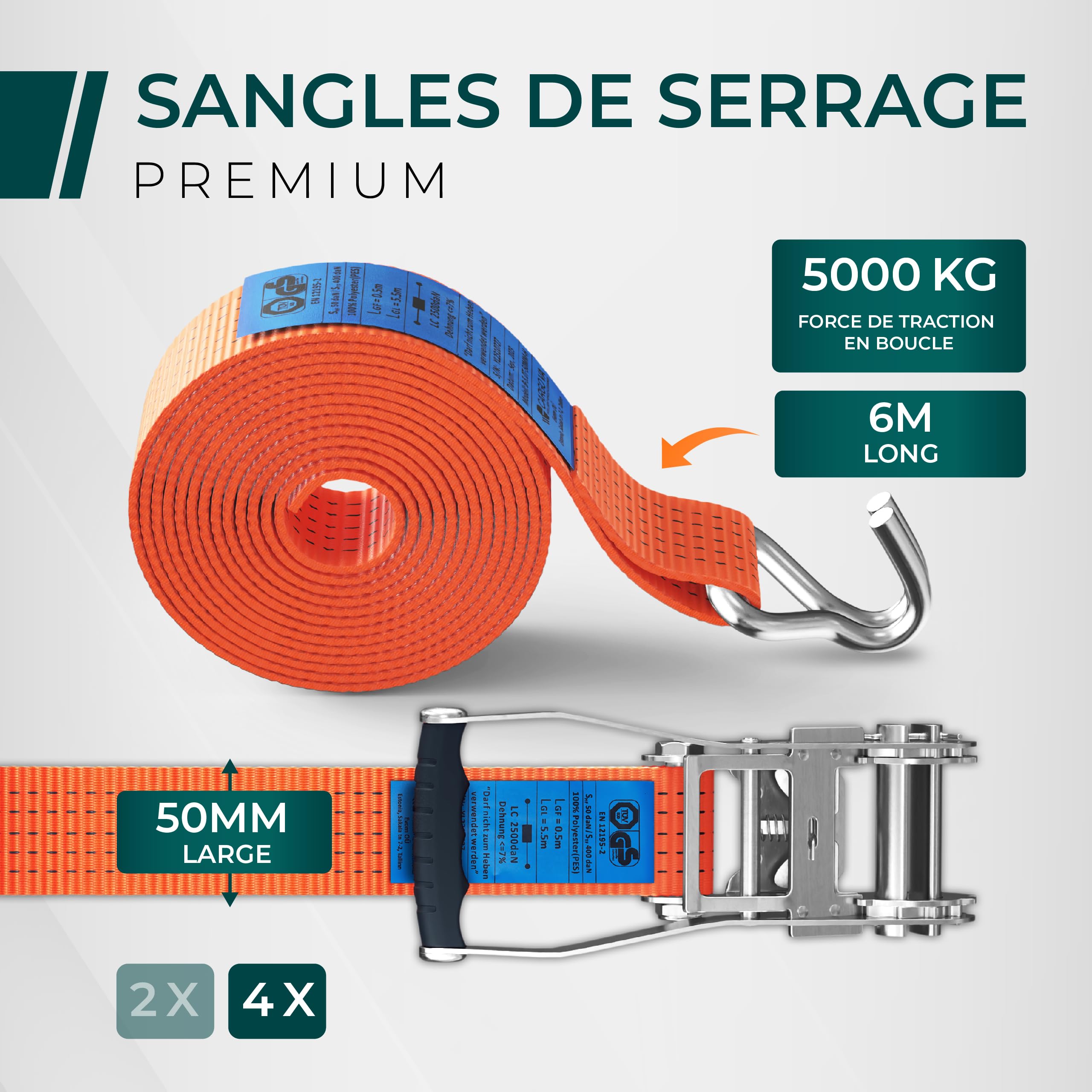 CargoVA® Lot de 2 Sangle a Cliquet Robustes de 5000 kg, Certifiées TÜV/GS et DIN Sangle Arrimage, Largeur 50 mm x 6 m, Sangles à Cliquer Idéales pour Les Applications Professionnelles