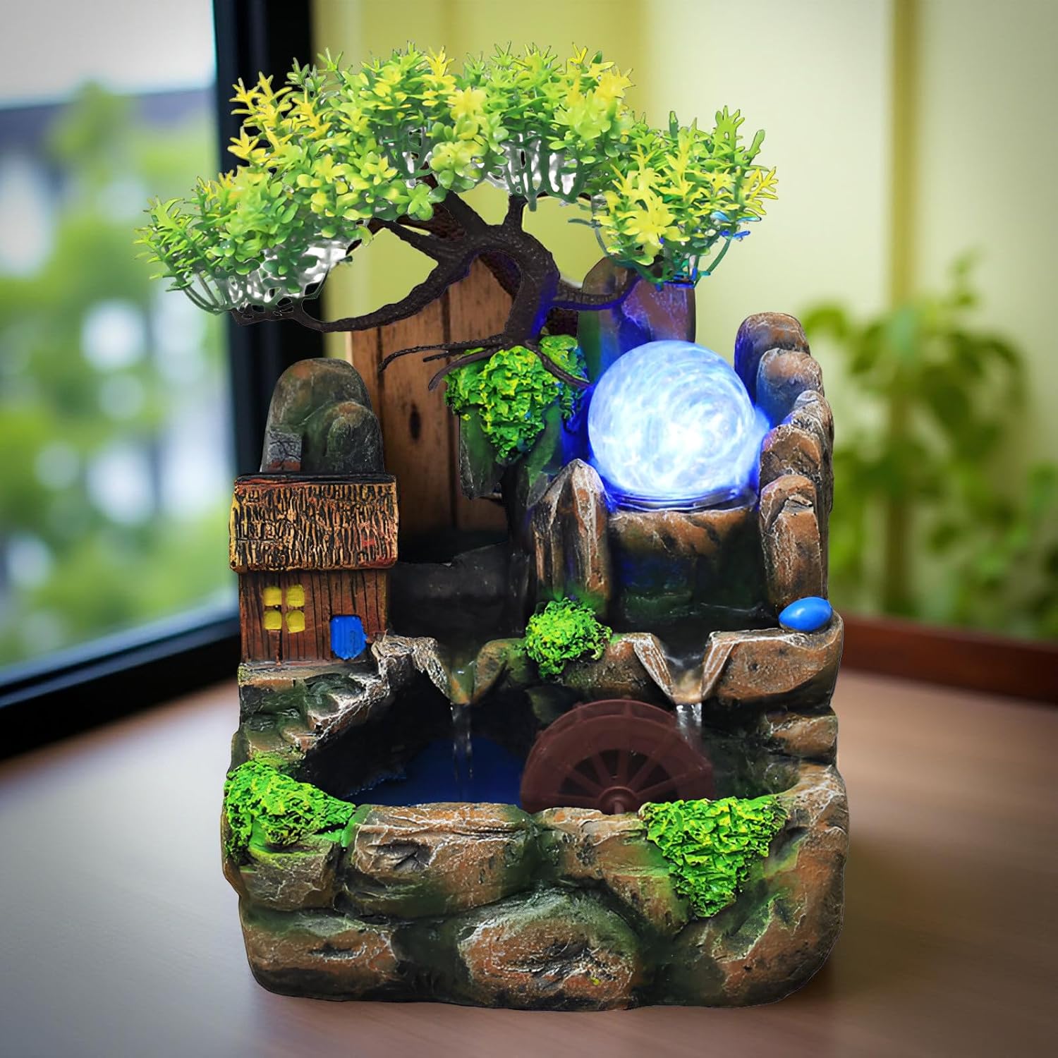 10.63" Indoor Tabletop Fountain with LED & Mist, Zen Waterfall Decor with Crystal Ball + Free 10 Natural Crystals(Non-misting)