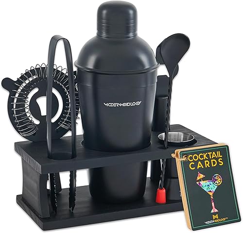 Kit de barman para coctelería con soporte Juego de coctelera color negro para mezclar bebidas, herramientas de barra Mezclador para Martini,