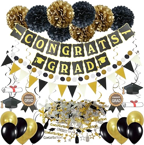 ZERODECO Decoraciones para graduación, cartel en negro y dorado, pompones de papel espirales colgantes, confeti de papel, guirnaldas y globos para