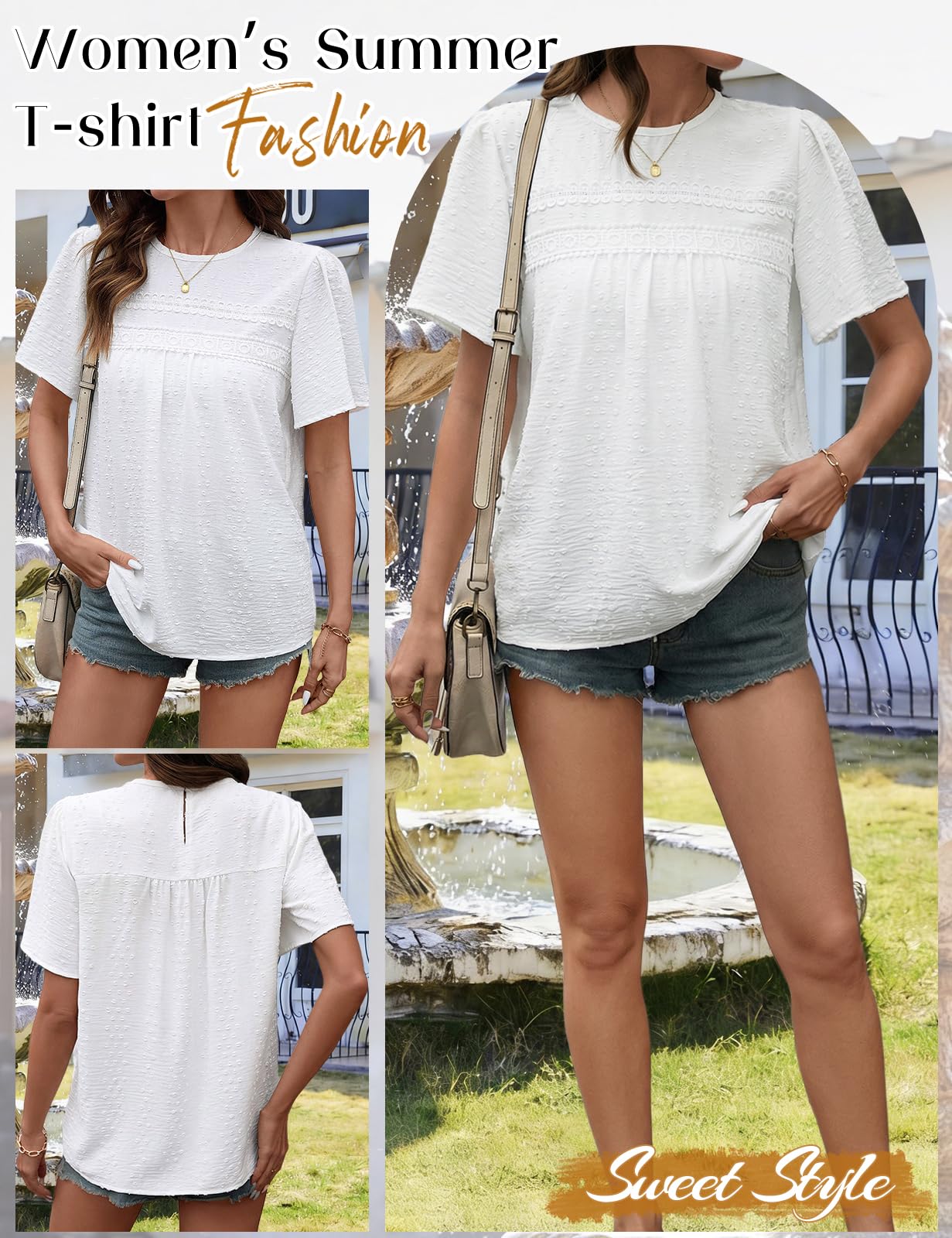 CMTOP Chemisier Femme Ete Blouse Manches Courtes Col Rond Tunique Chic et Elegant Haut Bohème Dentelle Fluide Tops Lâche Décontracté Blouse