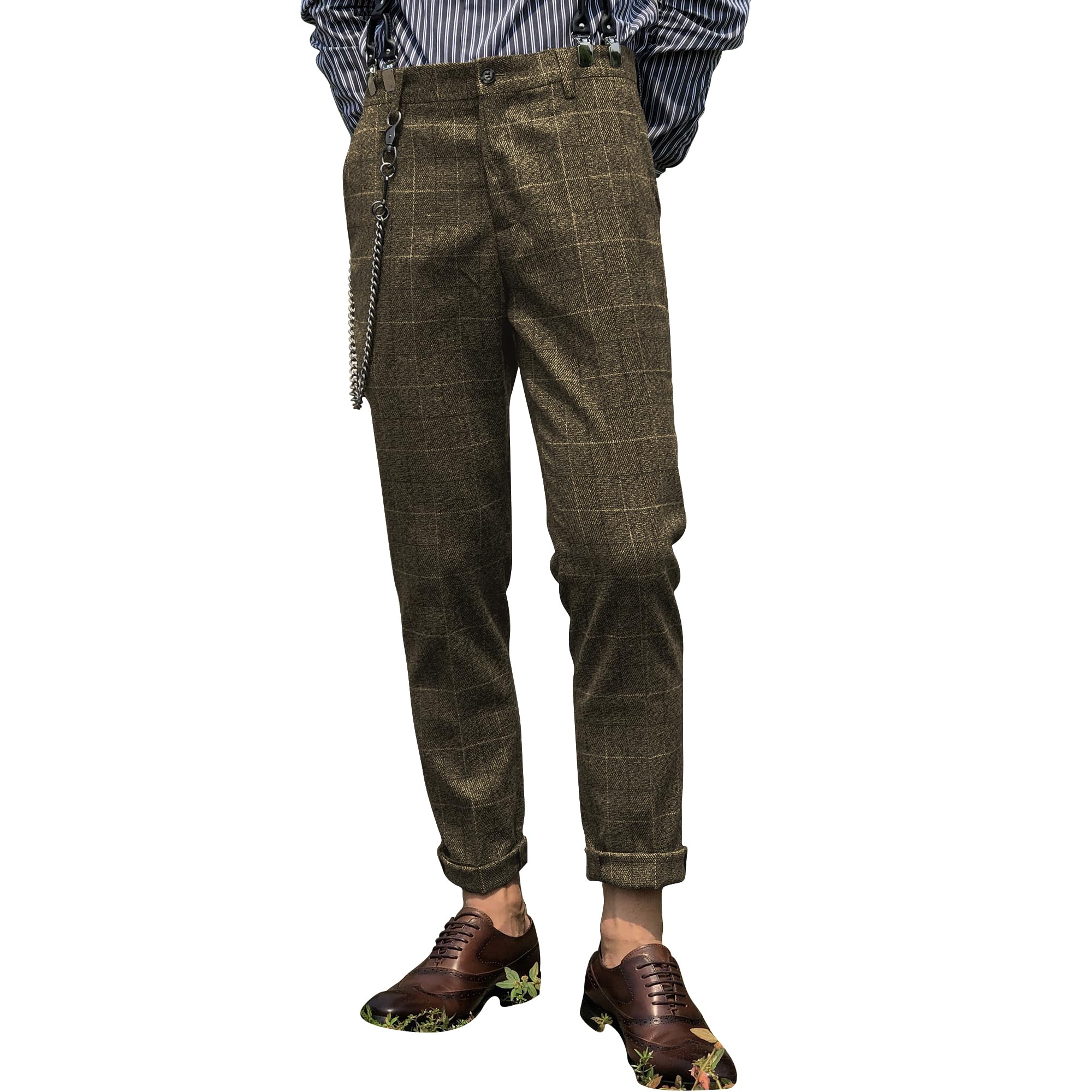 Aesido Mens Slim Fit Herringbone Tweed Wool Plaid Trousers Retro Dress Business Suit Pants