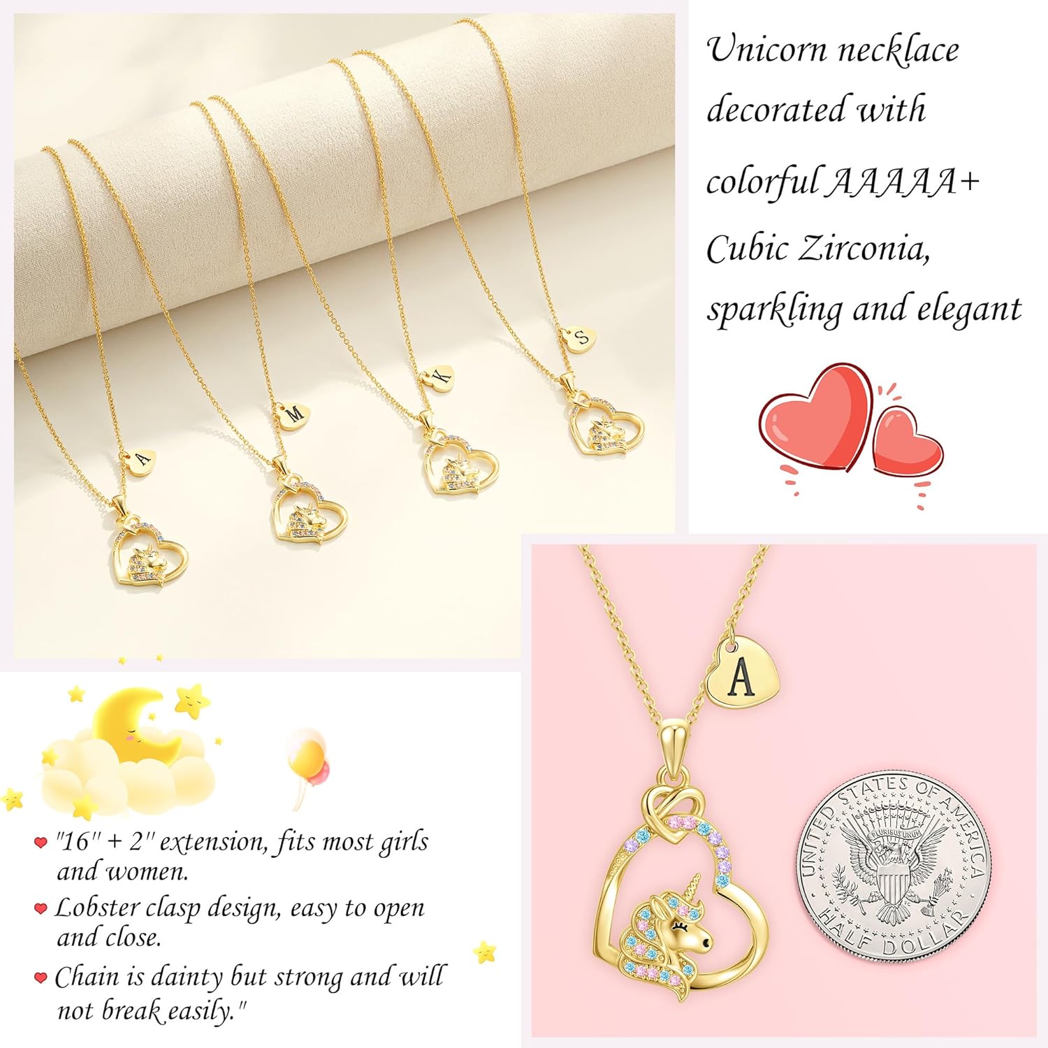 C-leen Unicorn Necklace Gifts for Girls Kids - Colorful CZ Heart Initial Pendant Necklaces Unicorn Gifts Jewelry Christmas Birthday Gifts for Girls - Image 6