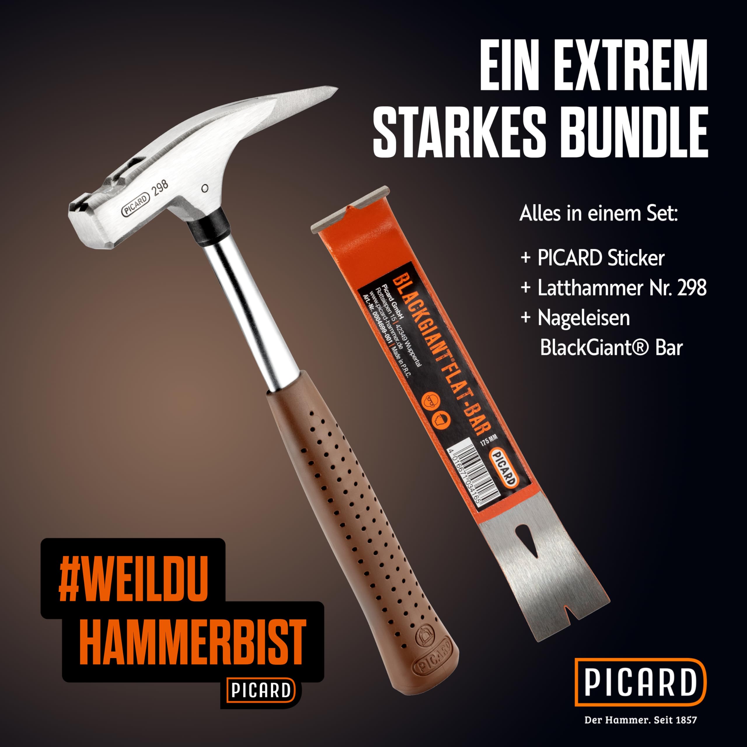 PICARD marteau de charpentier no. 298 + Mini pied-de-biche BlackGiant® + Sticker | Outil couvreur professionnel 600 g | Manche acier chromé-molybdène | Porte-clou magnétique | Avec arrache clou
