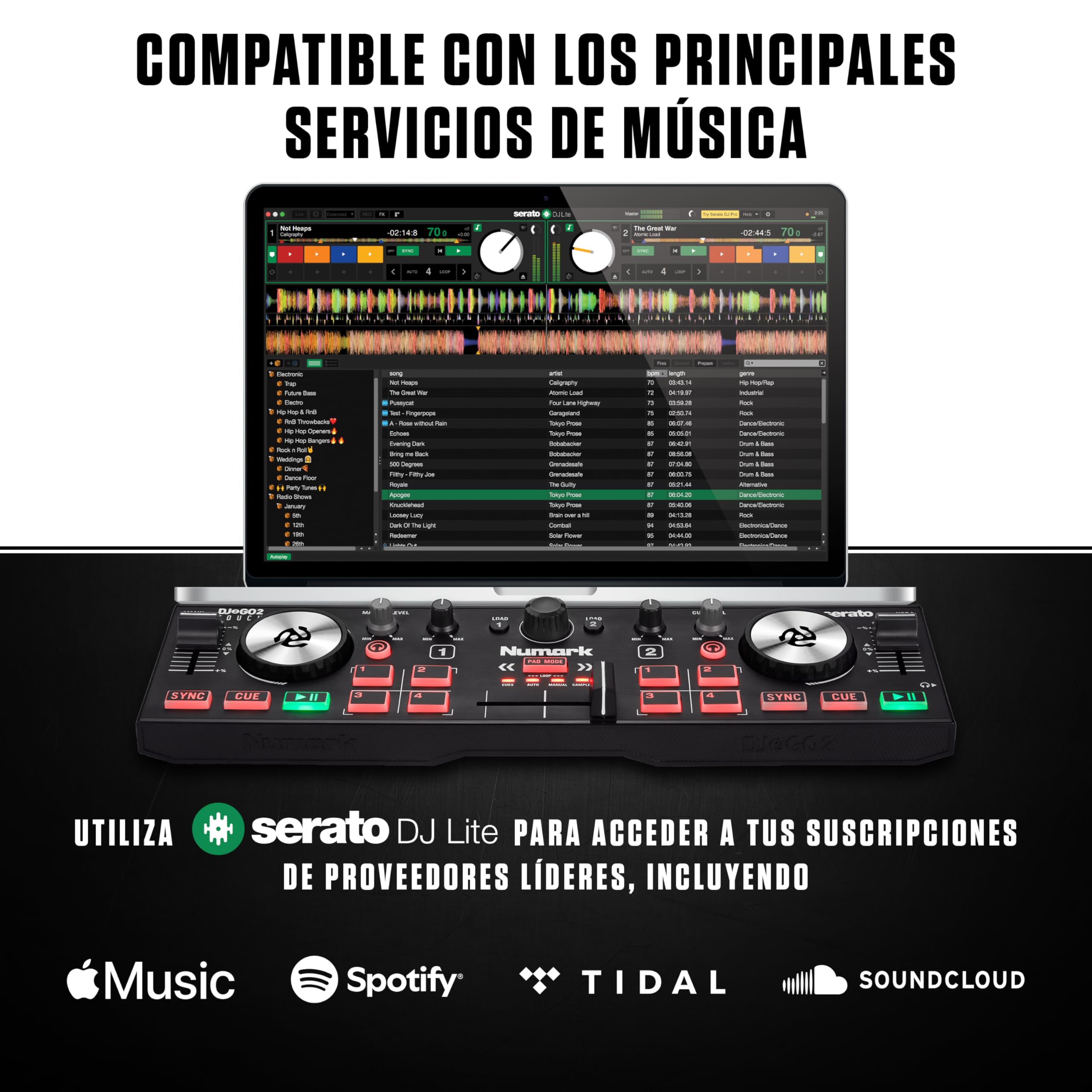 Numark DJ2GO2 Touch Controlador DJ USB Compacto de 2 Canales para Serato DJ Con Mezclador Crossfader, Interfaz de Audio y Jog Wheels de Sensibilidad Táctil