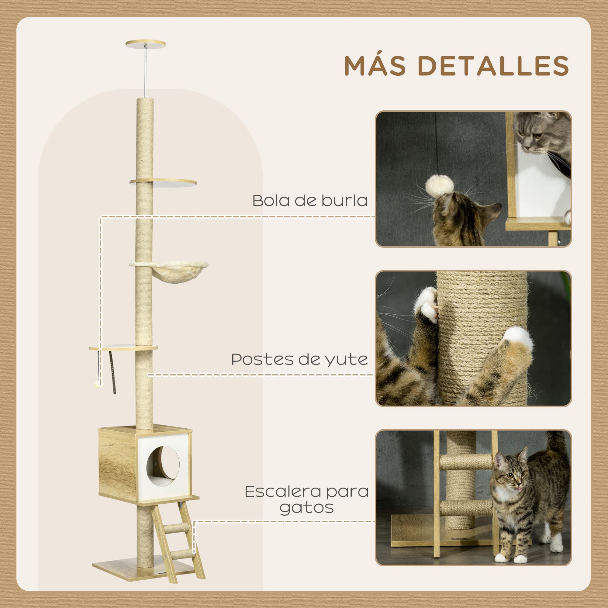 PawHut Árbol para Gatos Techo Ajustable 40x40x225-285 cm Beige | 225-285 cm Altura Ajustable, Árbol para Gatos Grande, con Plataformas, Hamaca, Caseta, Poste de Yute, Rampa y Bolas