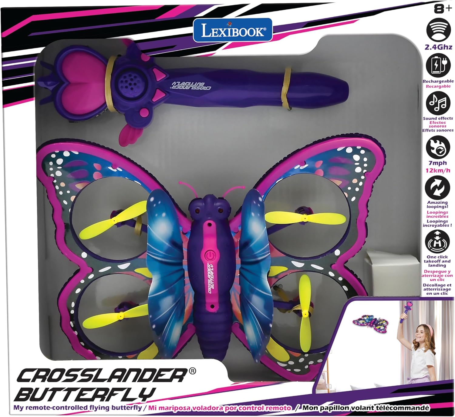 LEXiBOOK, Crosslander Butterfly, My Remote Control Flying Butterfly, Multidirectional Flight up to 12km/h (7 mph), Loopings, Remote Control with 2 Control Modes, Sound and Light Effects, Pink, RCBUT