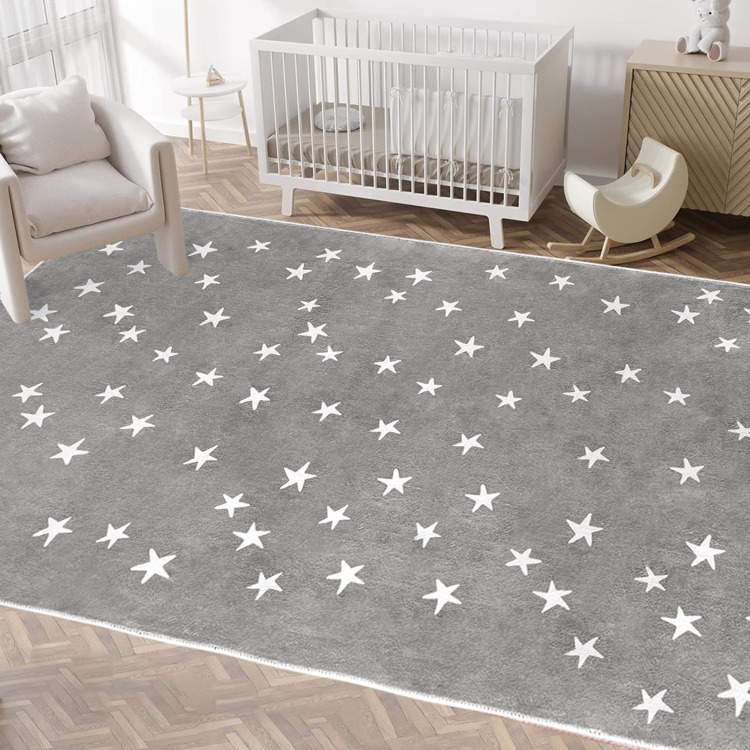 Poowe Grey Stars Machine Washable Area Rugs-5'x7' for Living Room, Large Non-Slip Boho Kids Nursery Throw Rug Carpet for Bedroom Entryway Dining Room