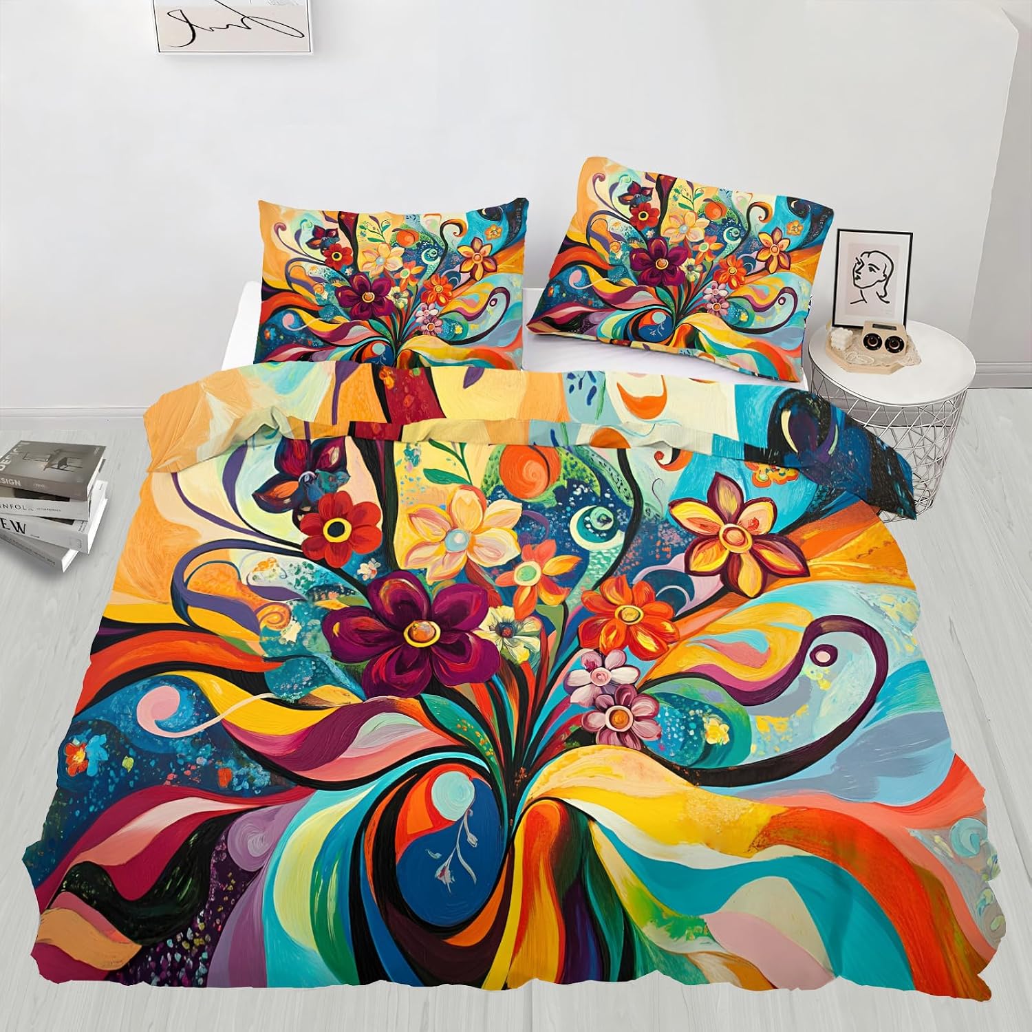 Floral Bedding Set 3 Piece, Colorful Graffiti Duvet Cover Queen Size, Vintage Rustic Floral Comforter Cover and 2 Pillow Sham with Zipper Closure